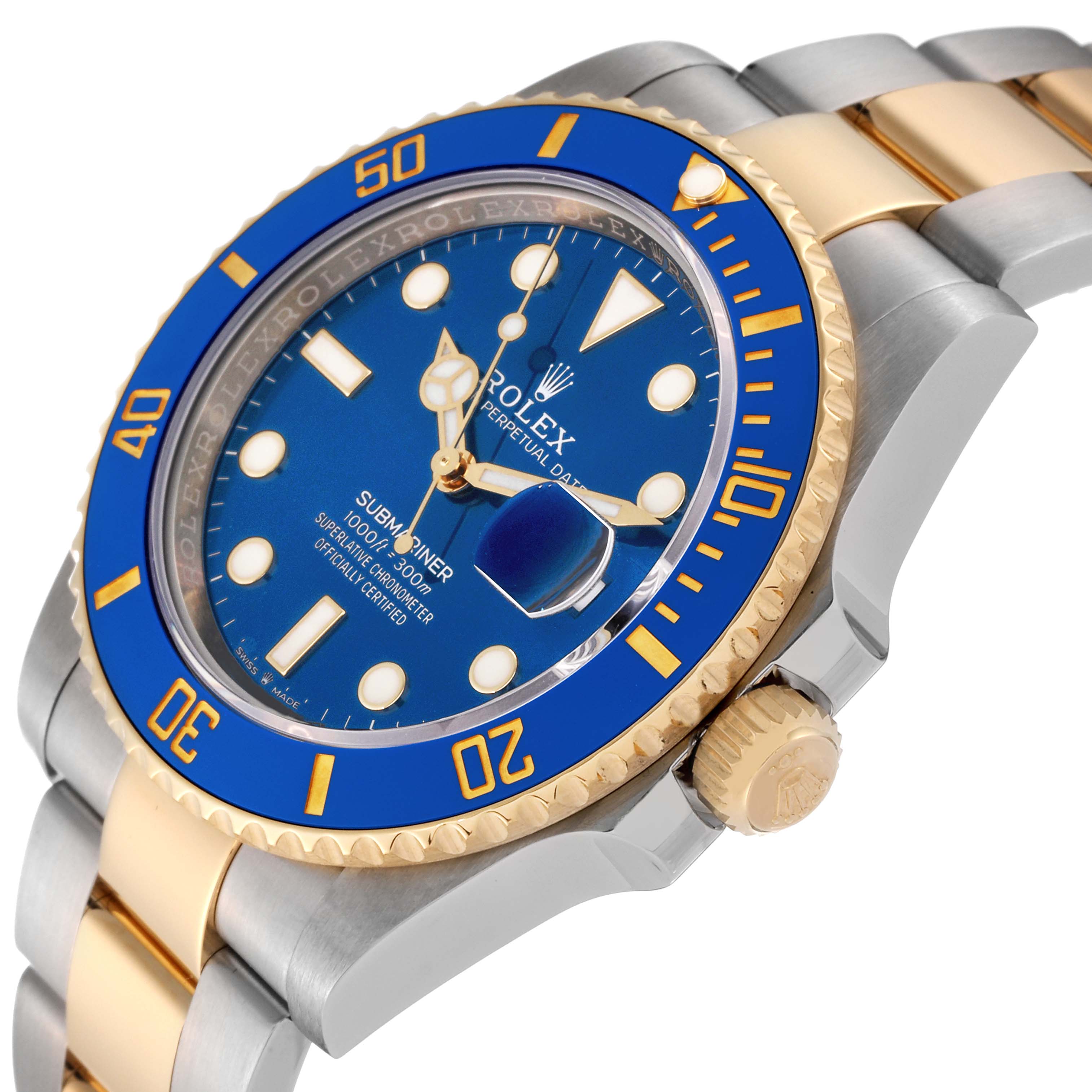 The image shows a side view of the Rolex Submariner 126613 Men's Steel and Gold (two tone) Blue Dial 126613 Men's Steel and Gold (two tone) Blue Dial watch, focusing on the bezel, crown, and part of the bracelet.
