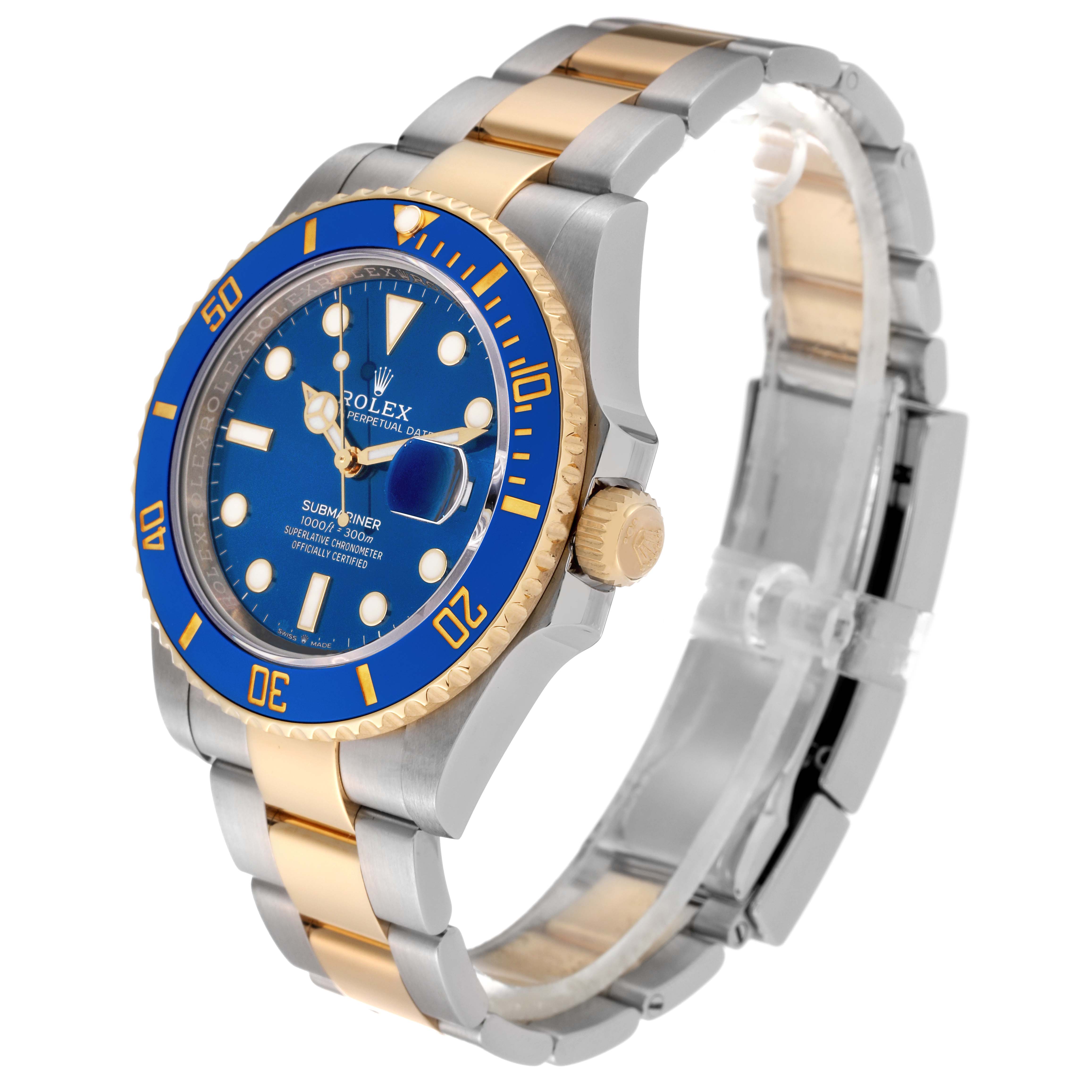 The Rolex Submariner 126613 Men's Steel and Gold (two tone) Blue Dial 126613 Men's Steel and Gold (two tone) Blue Dial watch is shown at an angle displaying its blue dial, bezel, and two-tone metal bracelet.