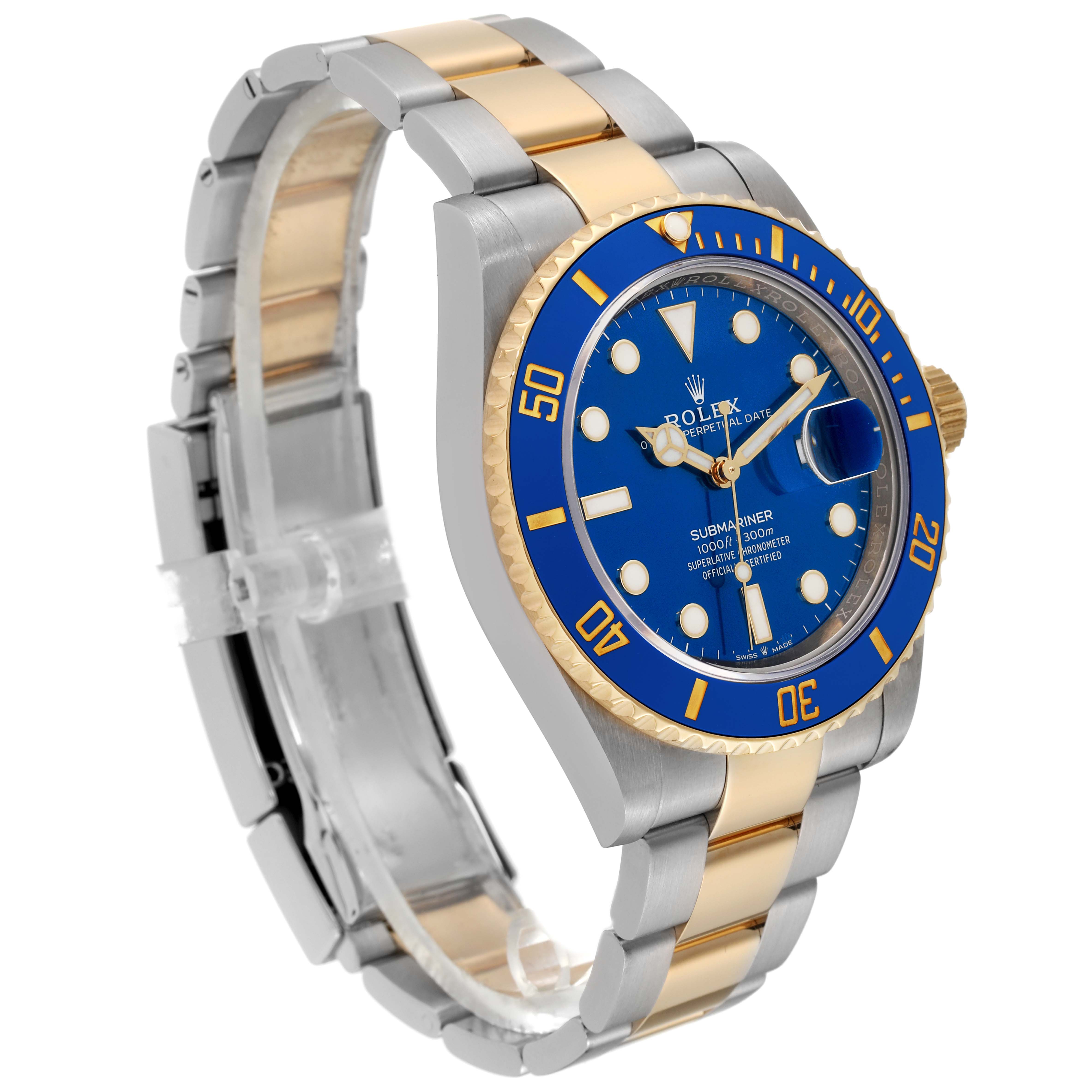 This image shows a Rolex Submariner 126613 Men's Steel and Gold (two tone) Blue Dial 126613 Men's Steel and Gold (two tone) Blue Dial watch at a side angle, displaying its blue dial, bezel, and two-tone bracelet.