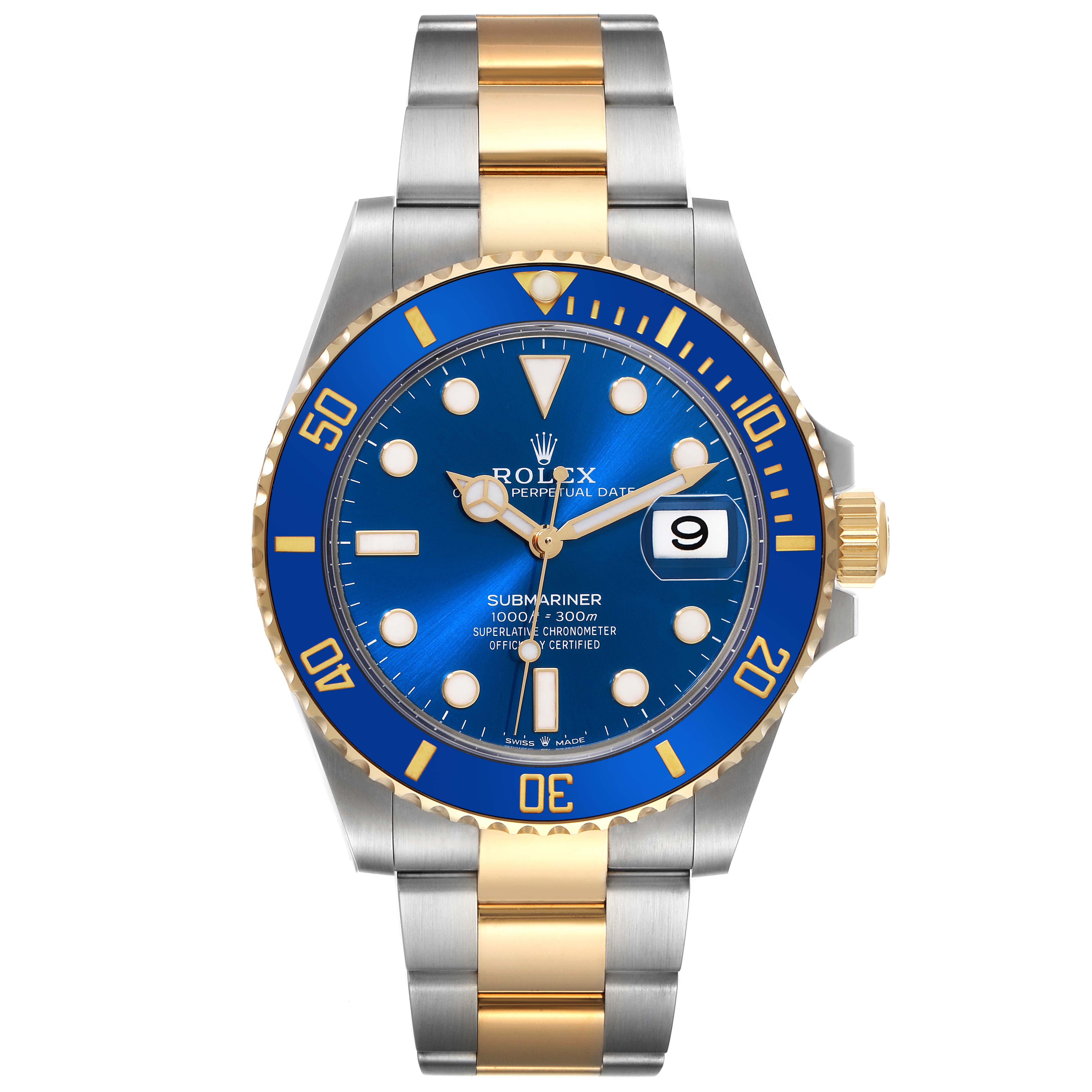 The image shows a front view of a Rolex Submariner 126613 Men's Steel and Gold (two tone) Blue Dial 126613 Men's Steel and Gold (two tone) Blue Dial watch, featuring a blue dial, date display, and two-tone bracelet.