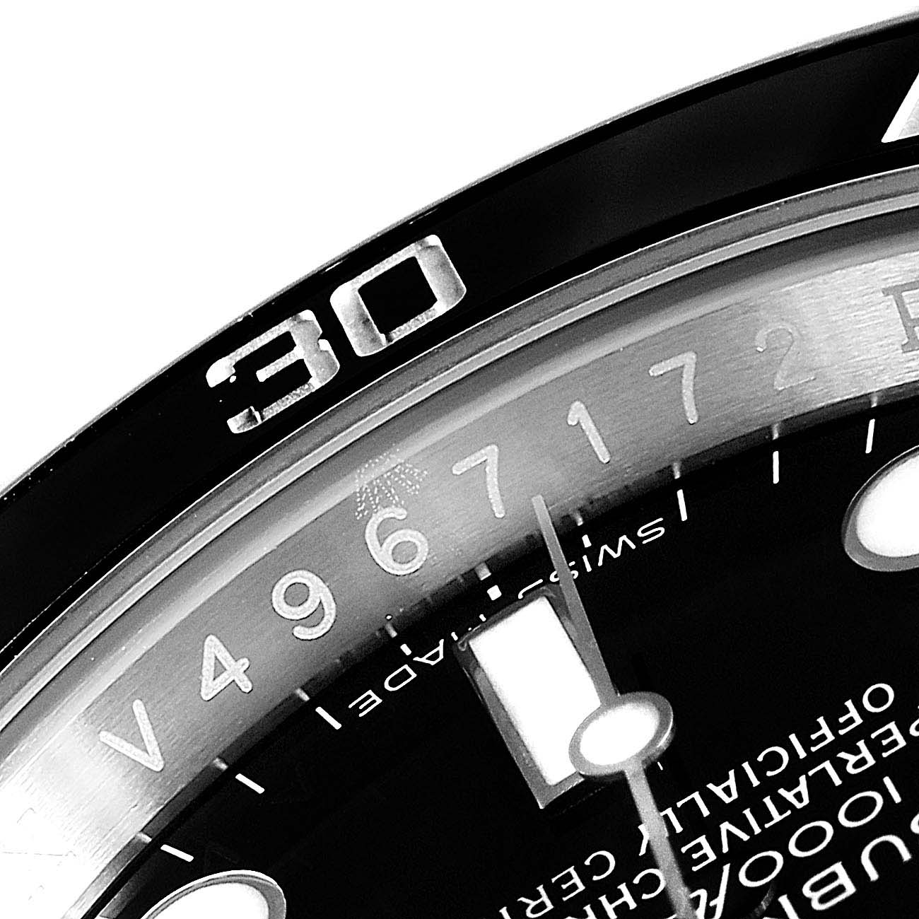 This close-up angle of the Rolex Submariner 116610 Men
s Stainless Steel Black Dial 116610 Men
s Stainless Steel Black Dial shows the bezel, part of the dial, and indices.