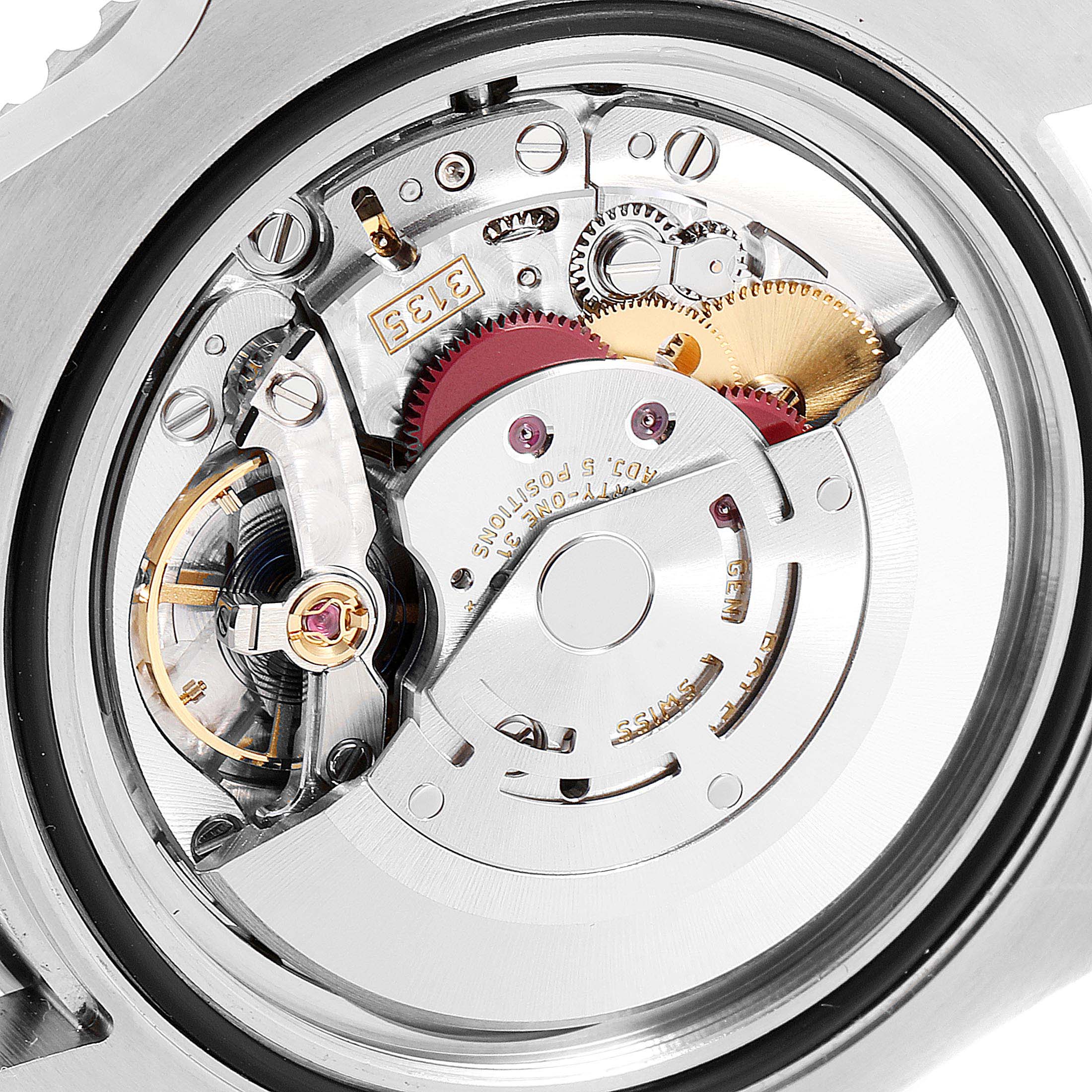 The image shows the intricate internal mechanism of a Rolex Submariner 116610 Men
s Stainless Steel Black Dial 116610 Men
s Stainless Steel Black Dial watch from a macro perspective.