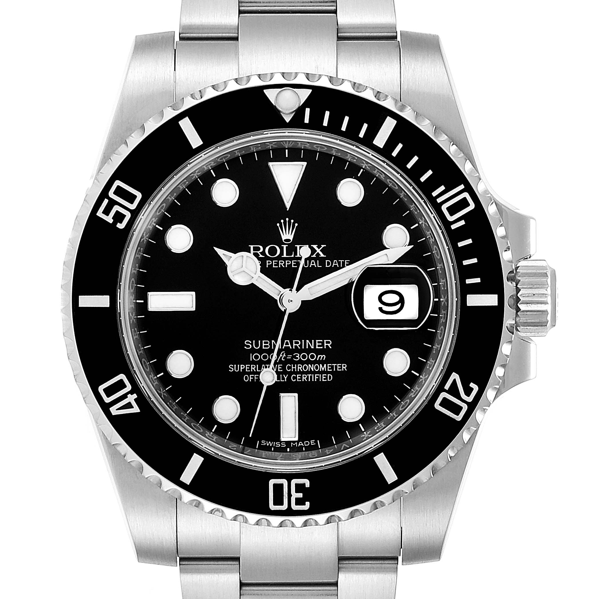 This image shows a front view of a Rolex Submariner 116610 Men
s Stainless Steel Black Dial 116610 Men
s Stainless Steel Black Dial watch, displaying its dial, bezel, markers, hands, and date window.
