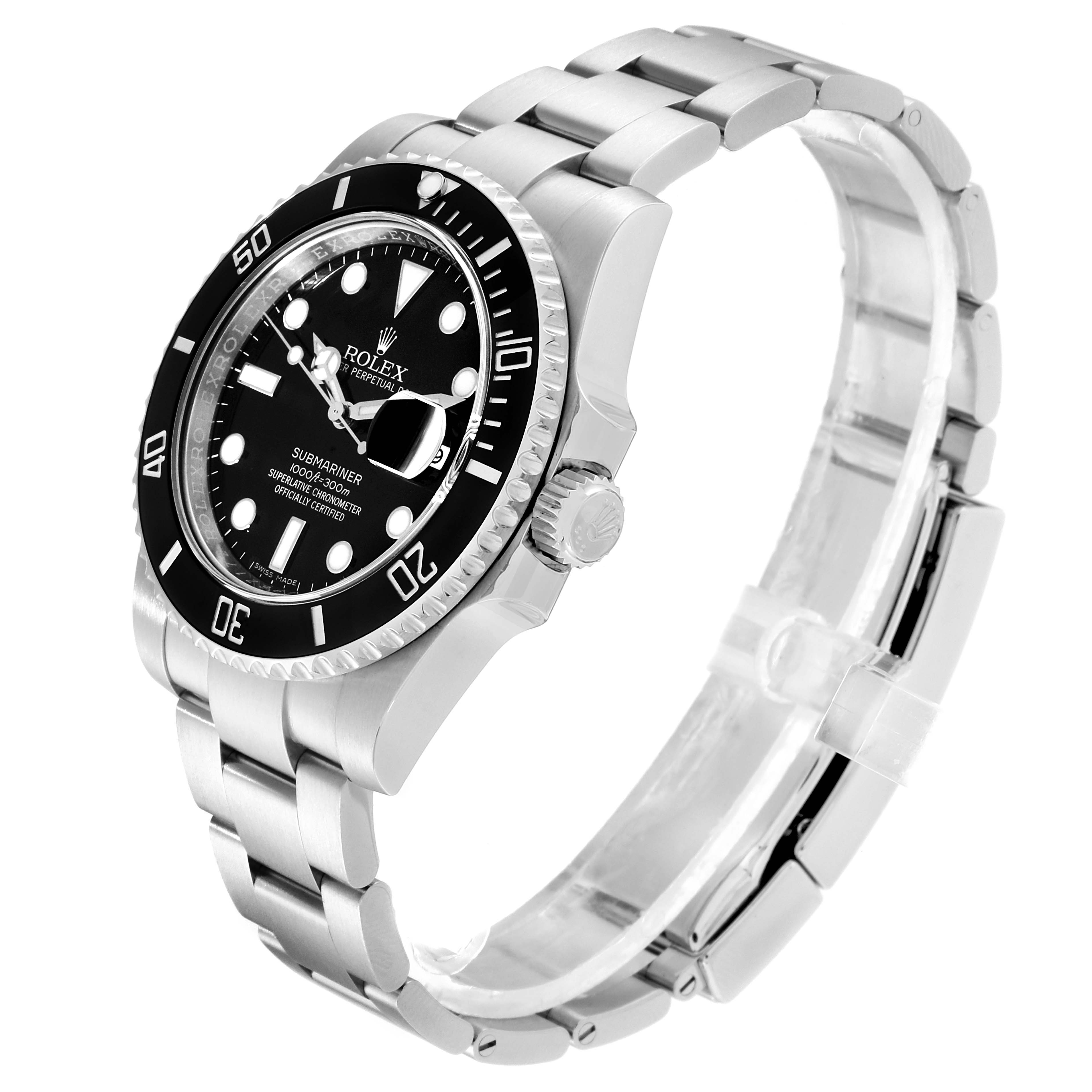 The Rolex Submariner 116610 Men
s Stainless Steel Black Dial 116610 Men
s Stainless Steel Black Dial watch is shown at an angled side view, highlighting the face, bezel, crown, and stainless steel bracelet.