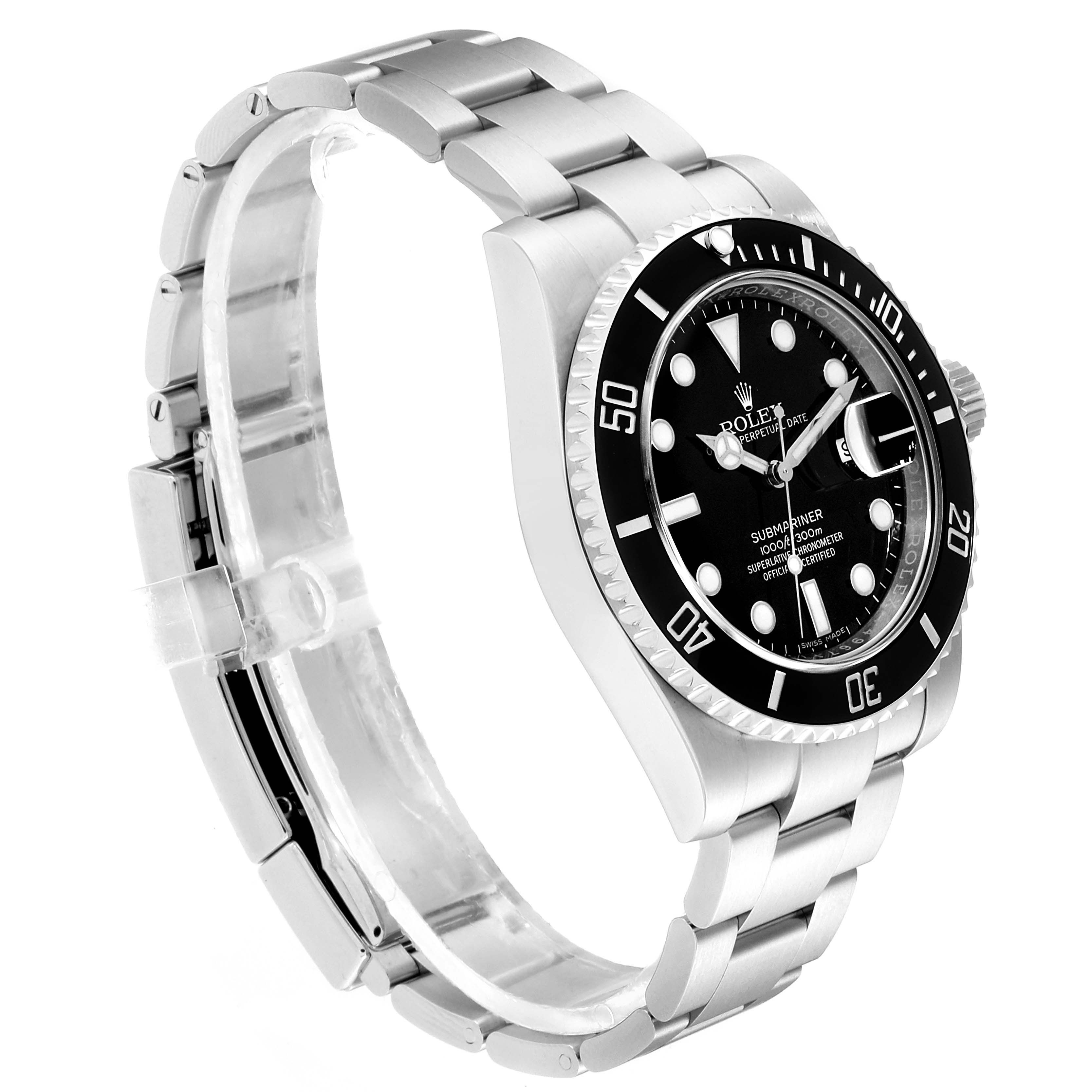 The image shows a side angle of the Rolex Submariner 116610 Men
s Stainless Steel Black Dial 116610 Men
s Stainless Steel Black Dial, highlighting the stainless steel bracelet, bezel, and dial.