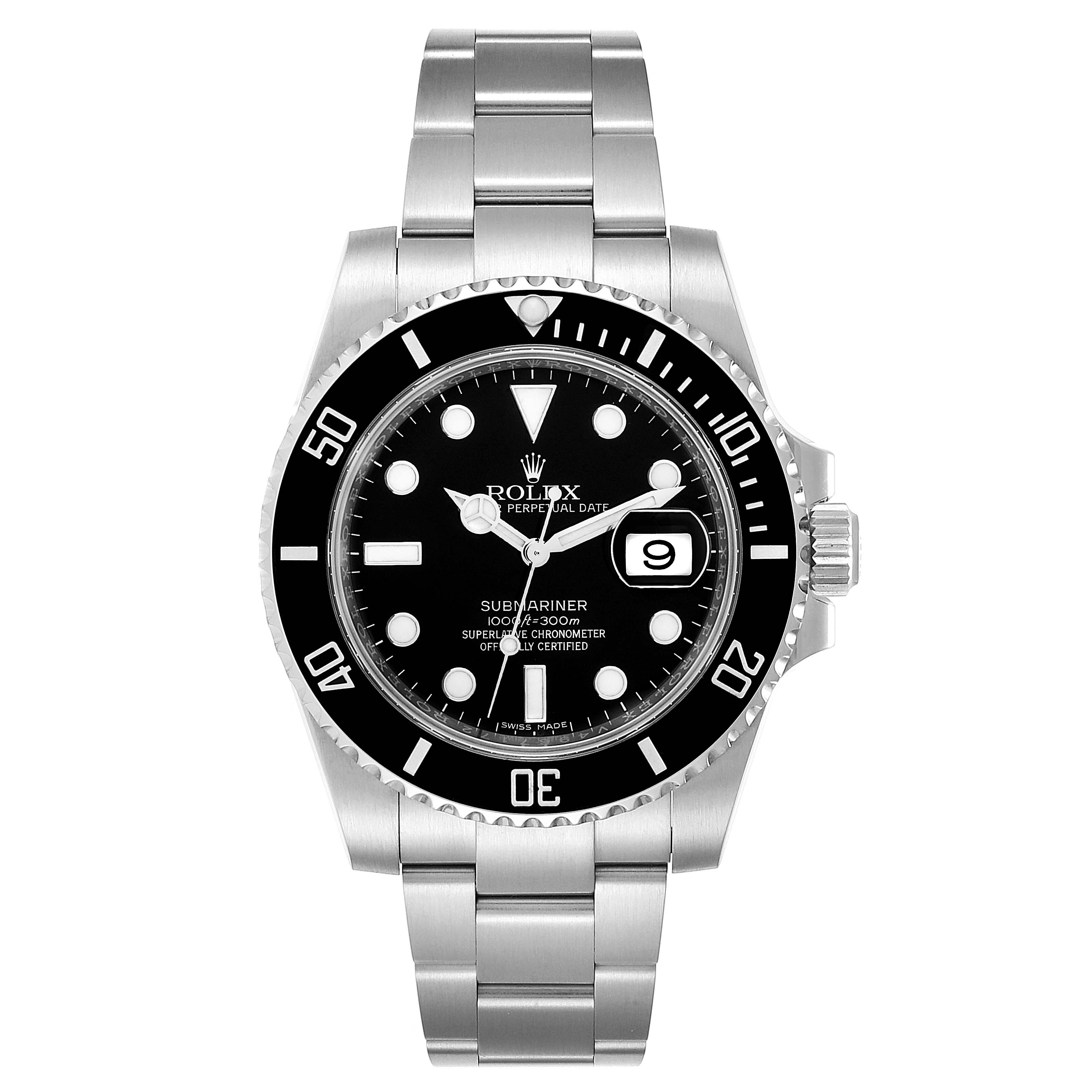 The image shows a front view of the Rolex Submariner 116610 Men
s Stainless Steel Black Dial 116610 Men
s Stainless Steel Black Dial watch, highlighting the dial, bezel, bracelet, and date window.