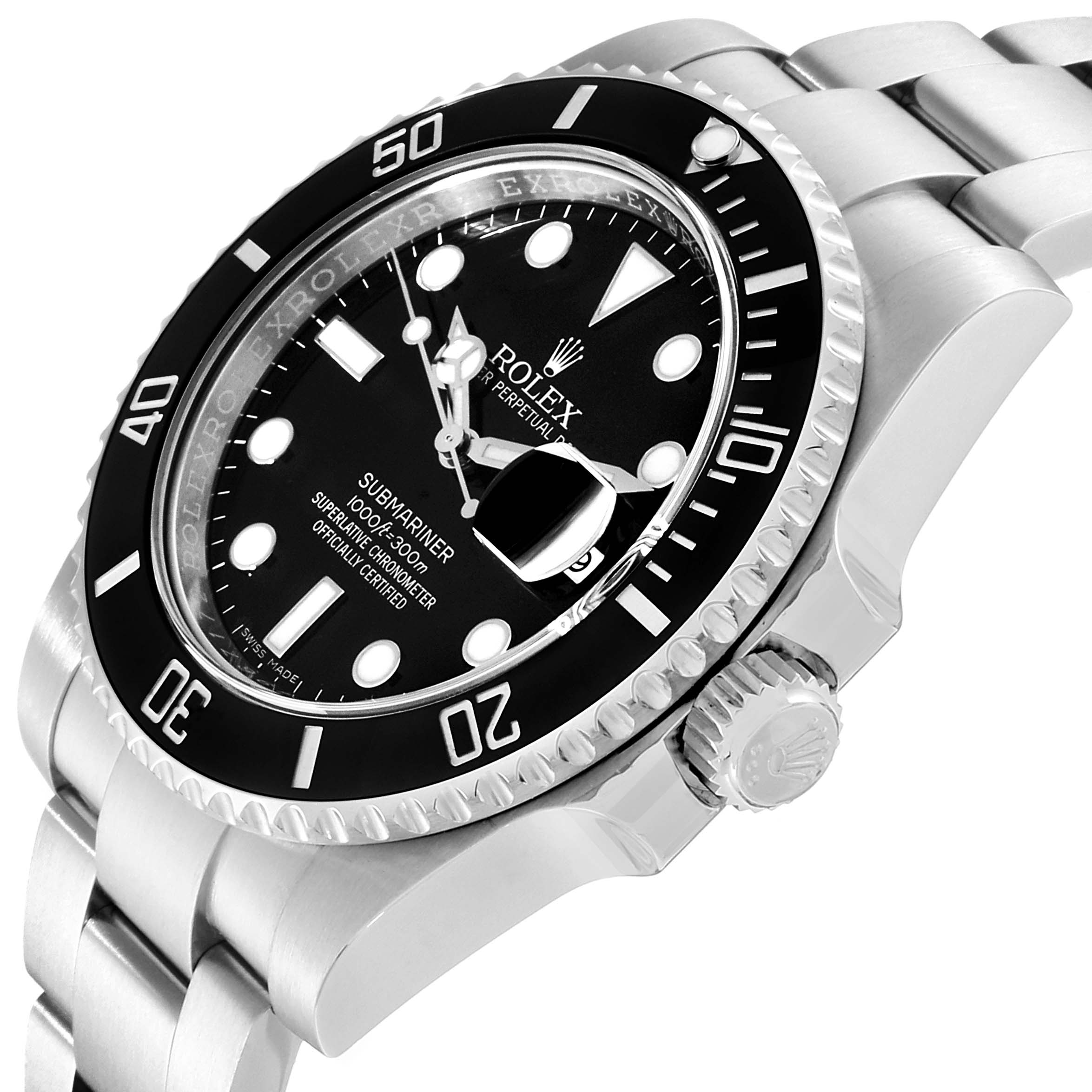 The image shows a close-up angle of the Rolex Submariner 116610 Men
s Stainless Steel Black Dial 116610 Men
s Stainless Steel Black Dial, highlighting its black dial, bezel, and the stainless steel bracelet and crown.