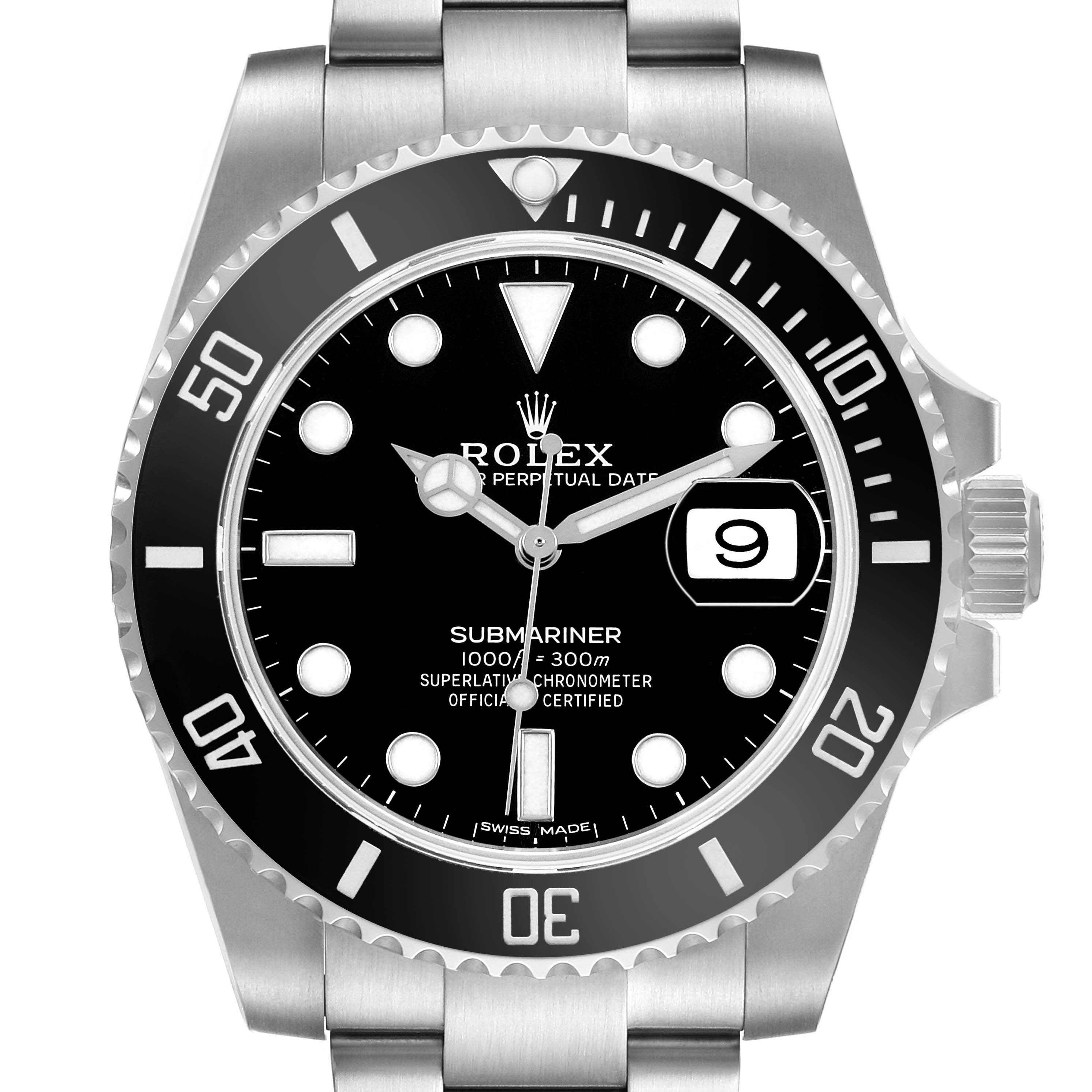 The Rolex Submariner 116610 Men's Stainless Steel Black Dial watch is shown from a front angle, highlighting the dial, bezel, hands, markers, and crown.