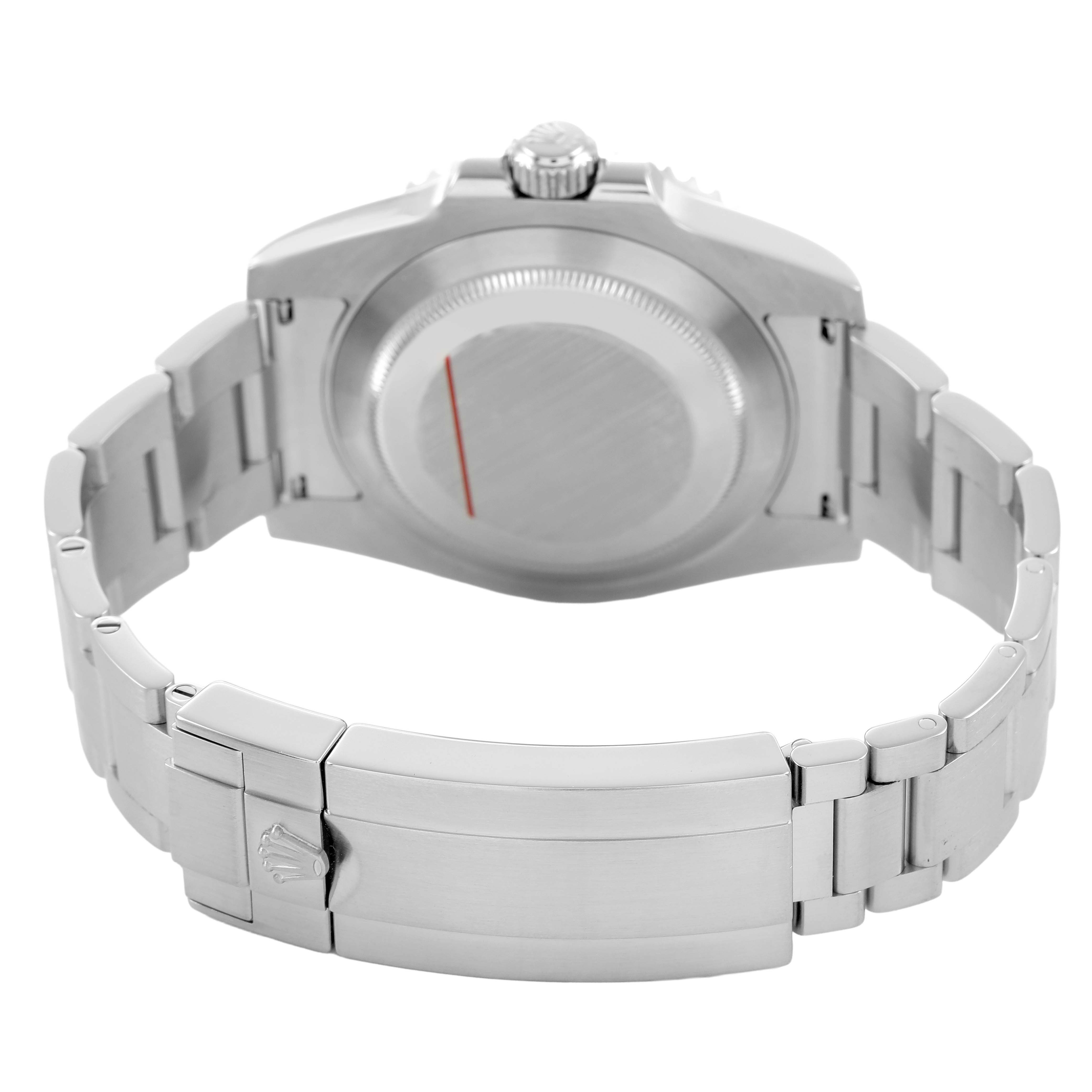 The image shows the back view of a Rolex Submariner 116610 Men's Stainless Steel Black Dial, highlighting the case back and metal bracelet with clasp.