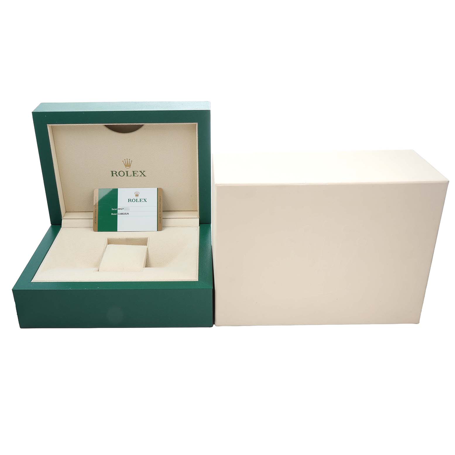 The image shows a Rolex Submariner 116610 Men's Stainless Steel Black Dial box and warranty card, with the box open and a light outer sleeve beside it.