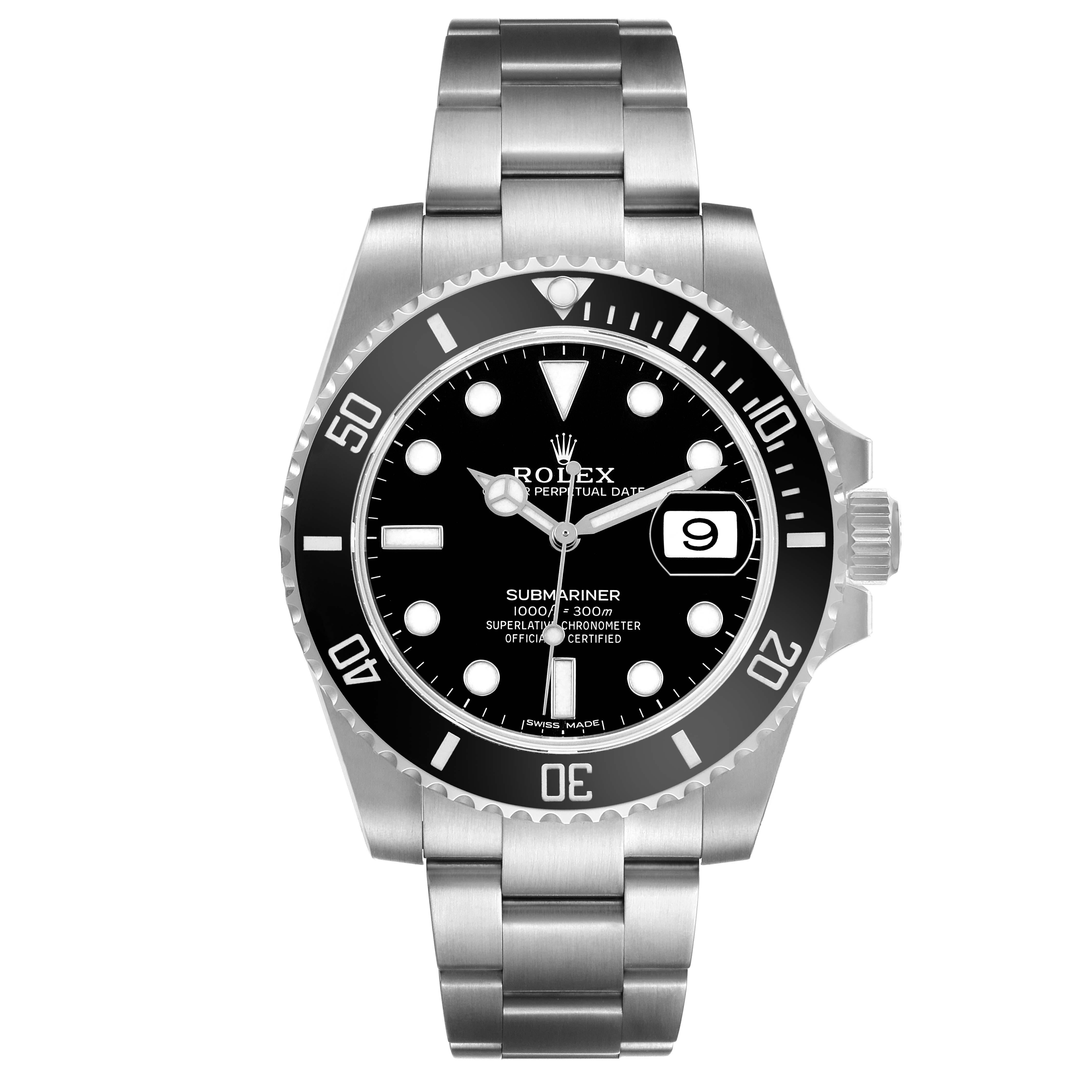 The Rolex Submariner 116610 Men's Stainless Steel Black Dial is shown from the front, highlighting the dial, bezel, date window, and bracelet.