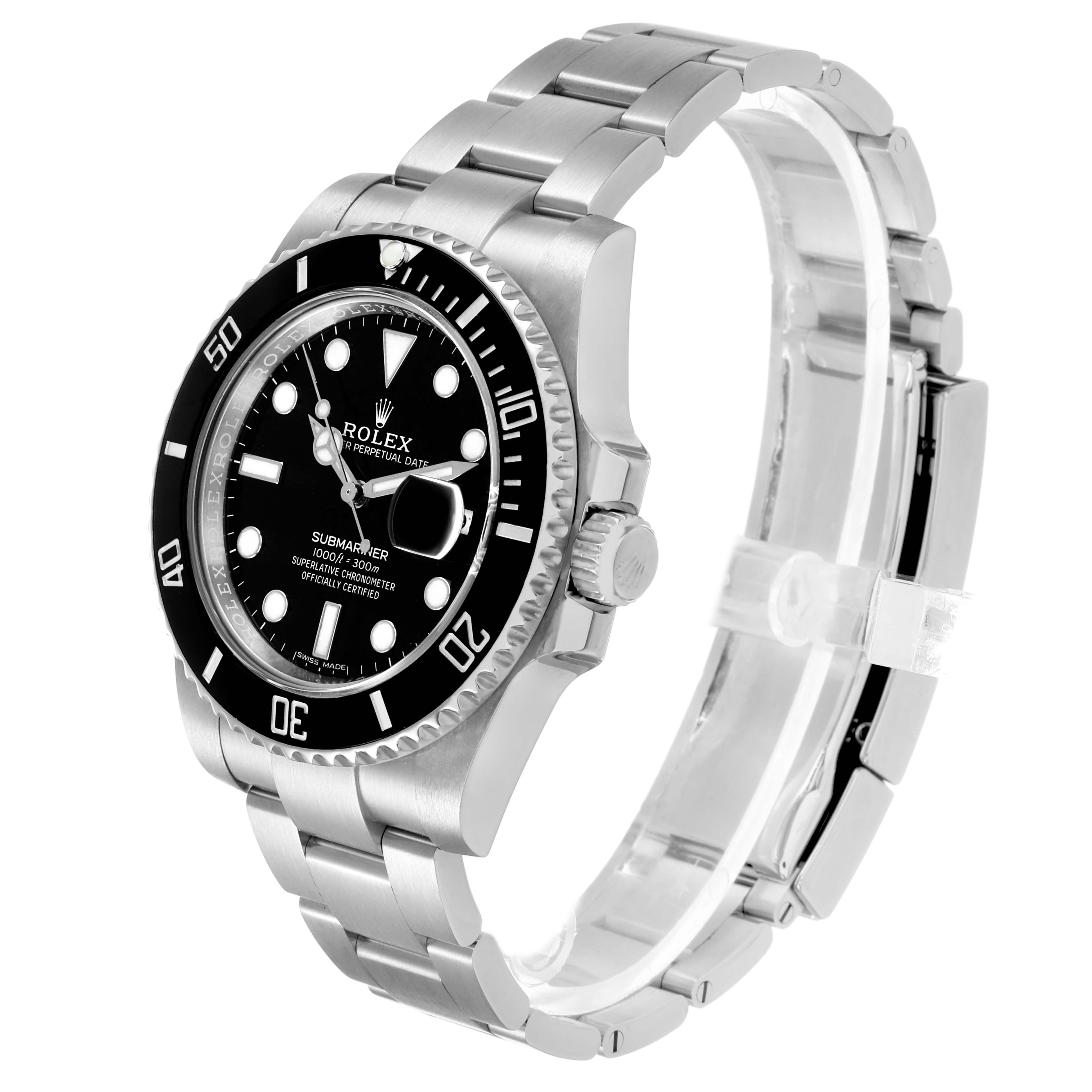The Rolex Submariner 116610 Men's Stainless Steel Black Dial watch is shown at a three-quarter angle, highlighting its bezel, dial, and bracelet.