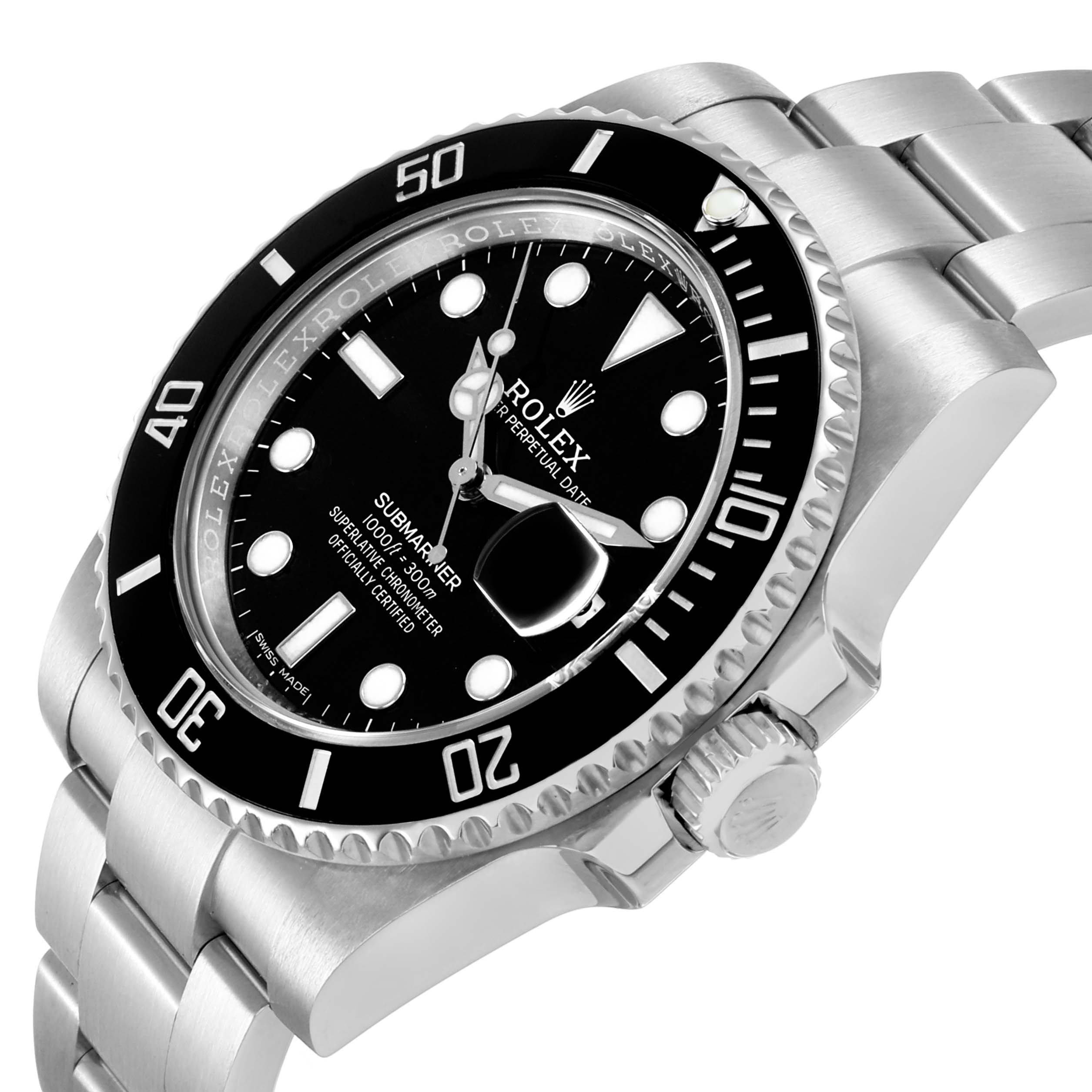 The image shows a Rolex Submariner 116610 Men's Stainless Steel Black Dial watch at an angled close-up, highlighting the dial, bezel, and bracelet.