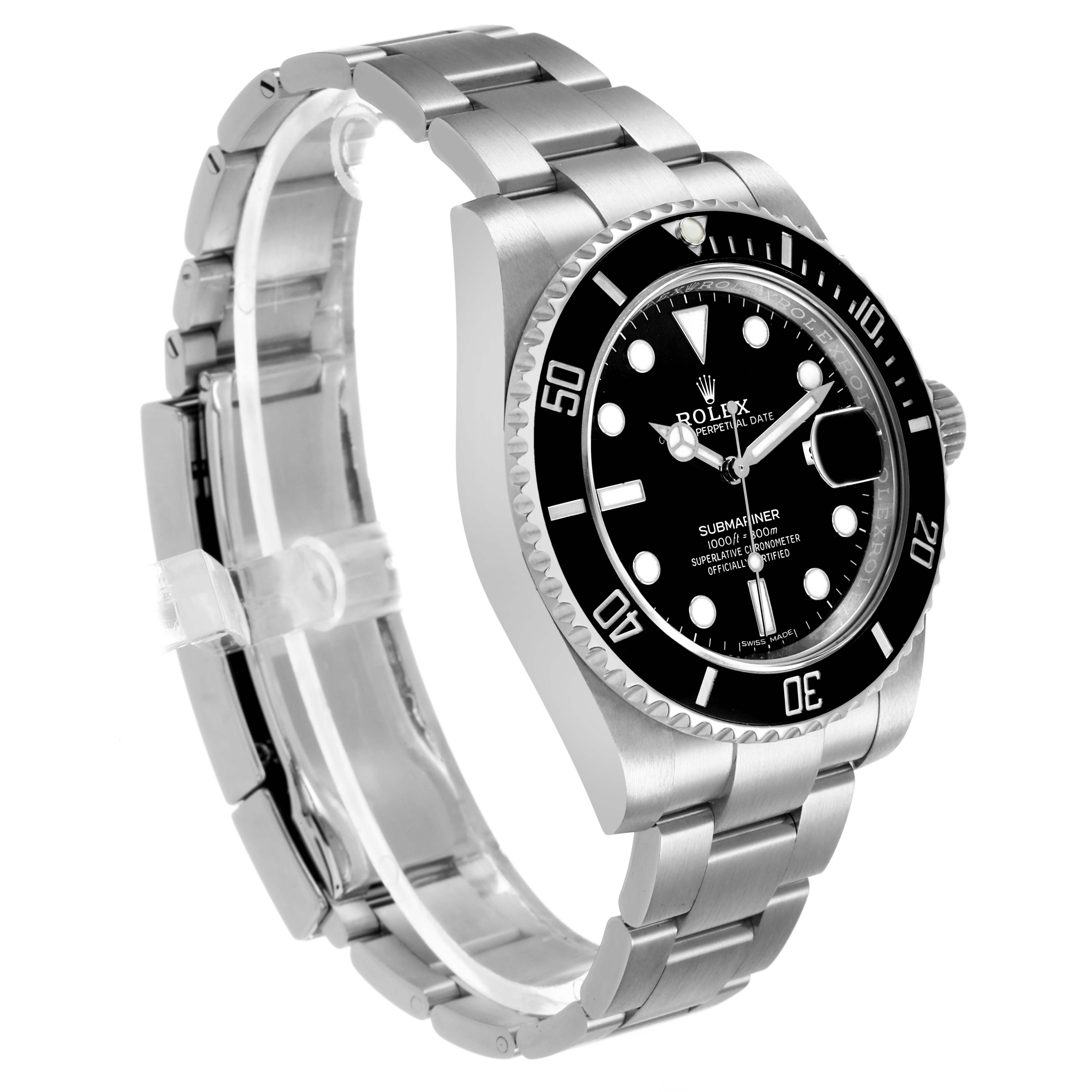 The Rolex Submariner 116610 Men's Stainless Steel Black Dial watch is shown at a three-quarter angle, highlighting the face, bezel, and bracelet.