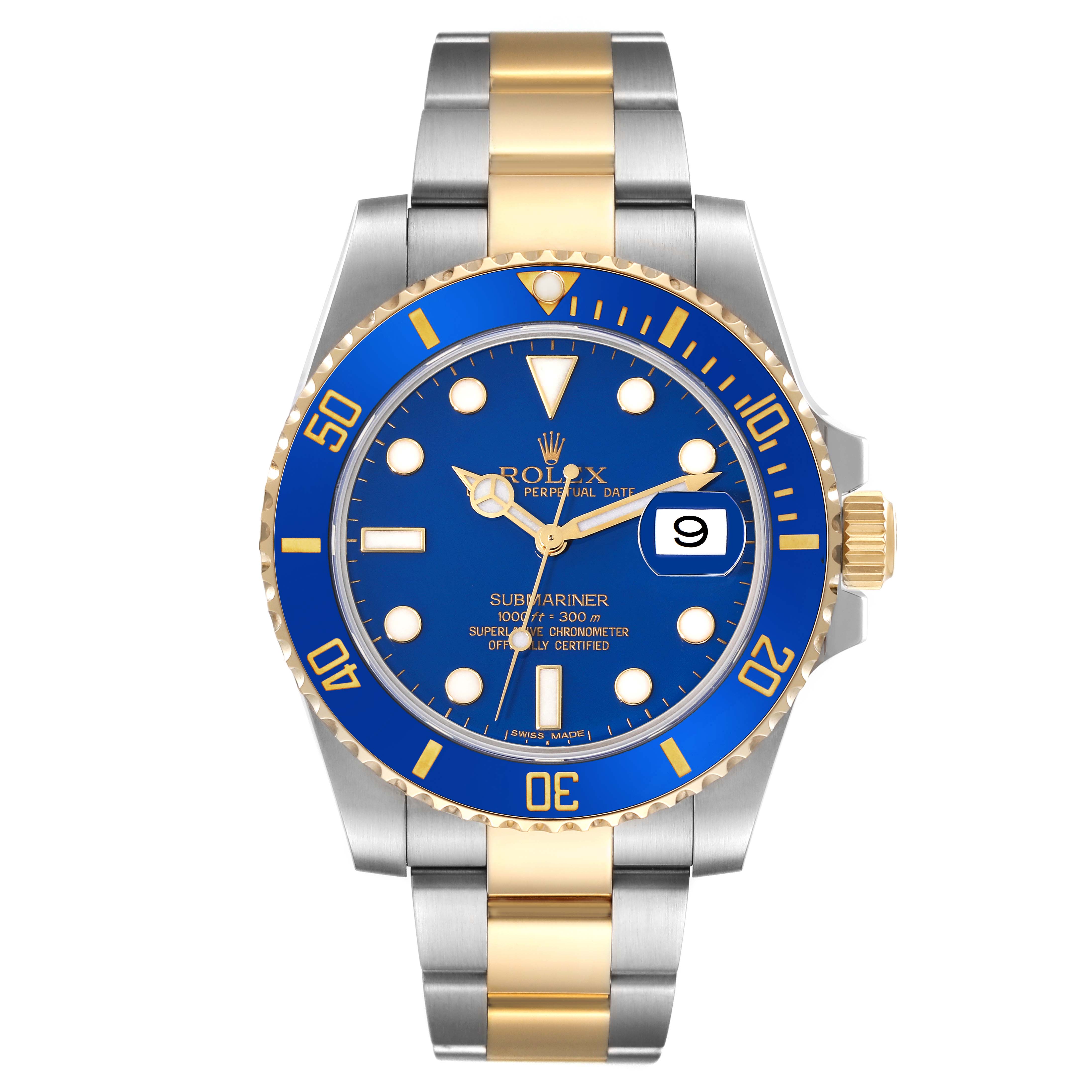 The image shows a front view of a Rolex Submariner 116613 Men's Steel and Gold (two tone) Blue Dial 116613 Men's Steel and Gold (two tone) Blue Dial watch with a blue dial and bezel, gold accents, and a two-tone bracelet.
