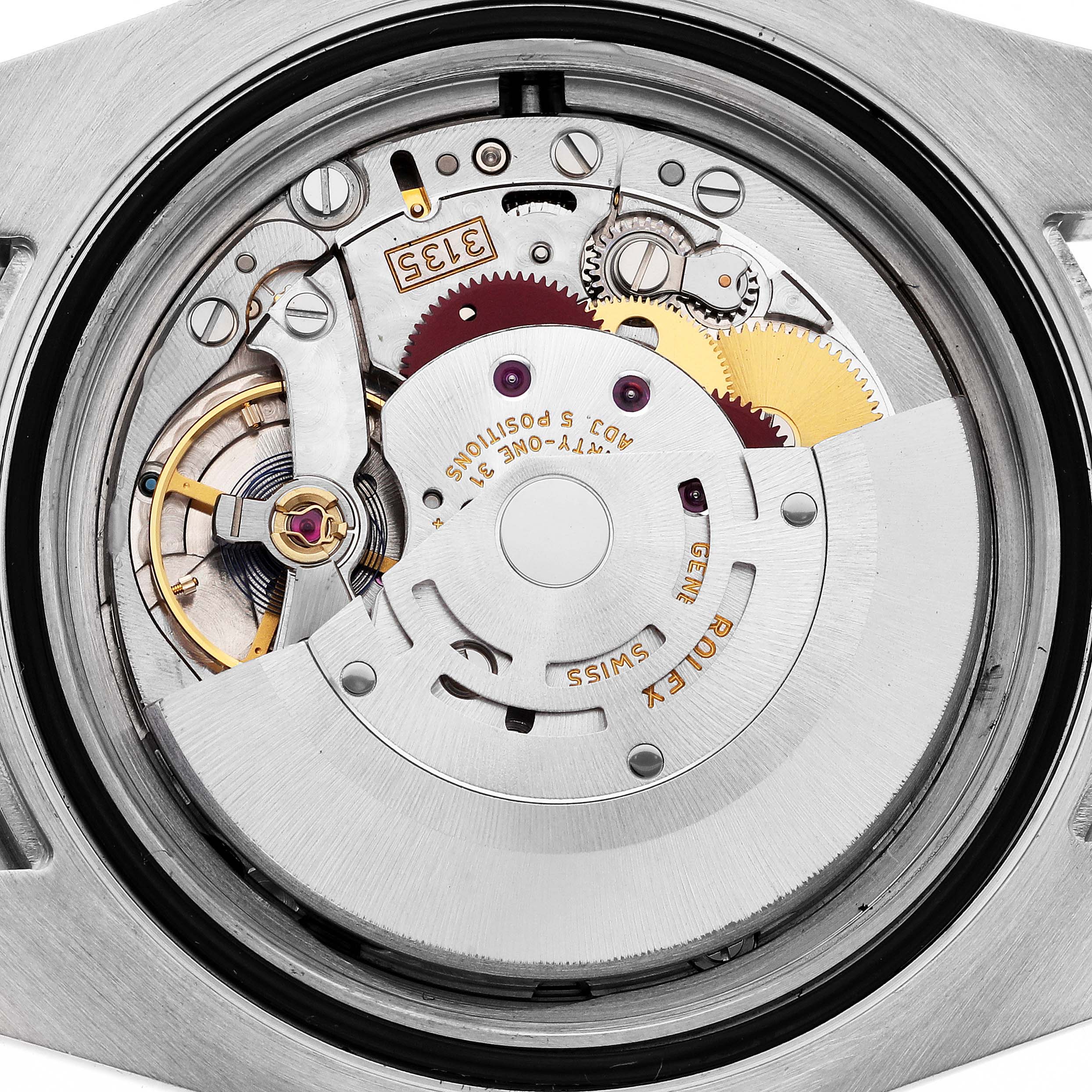 The image shows the internal mechanism and movement of a Rolex Submariner 116613 Men's Steel and Gold (two tone) Blue Dial 116613 Men's Steel and Gold (two tone) Blue Dial watch, viewed from the back.