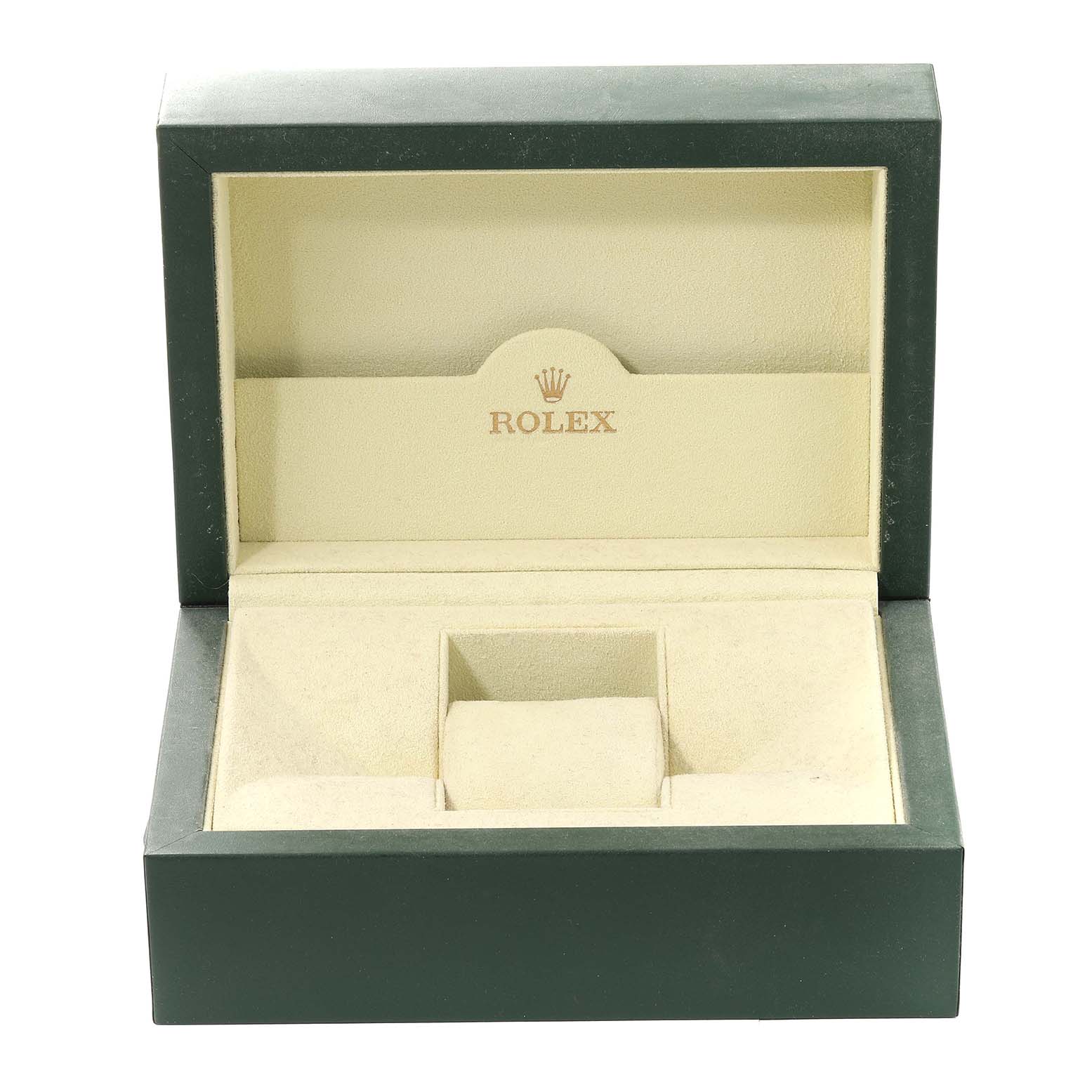 This is an open Rolex Submariner 116613 Men's Steel and Gold (two tone) Blue Dial 116613 Men's Steel and Gold (two tone) Blue Dial watch box with beige interior and green exterior, showing the insert for the watch.