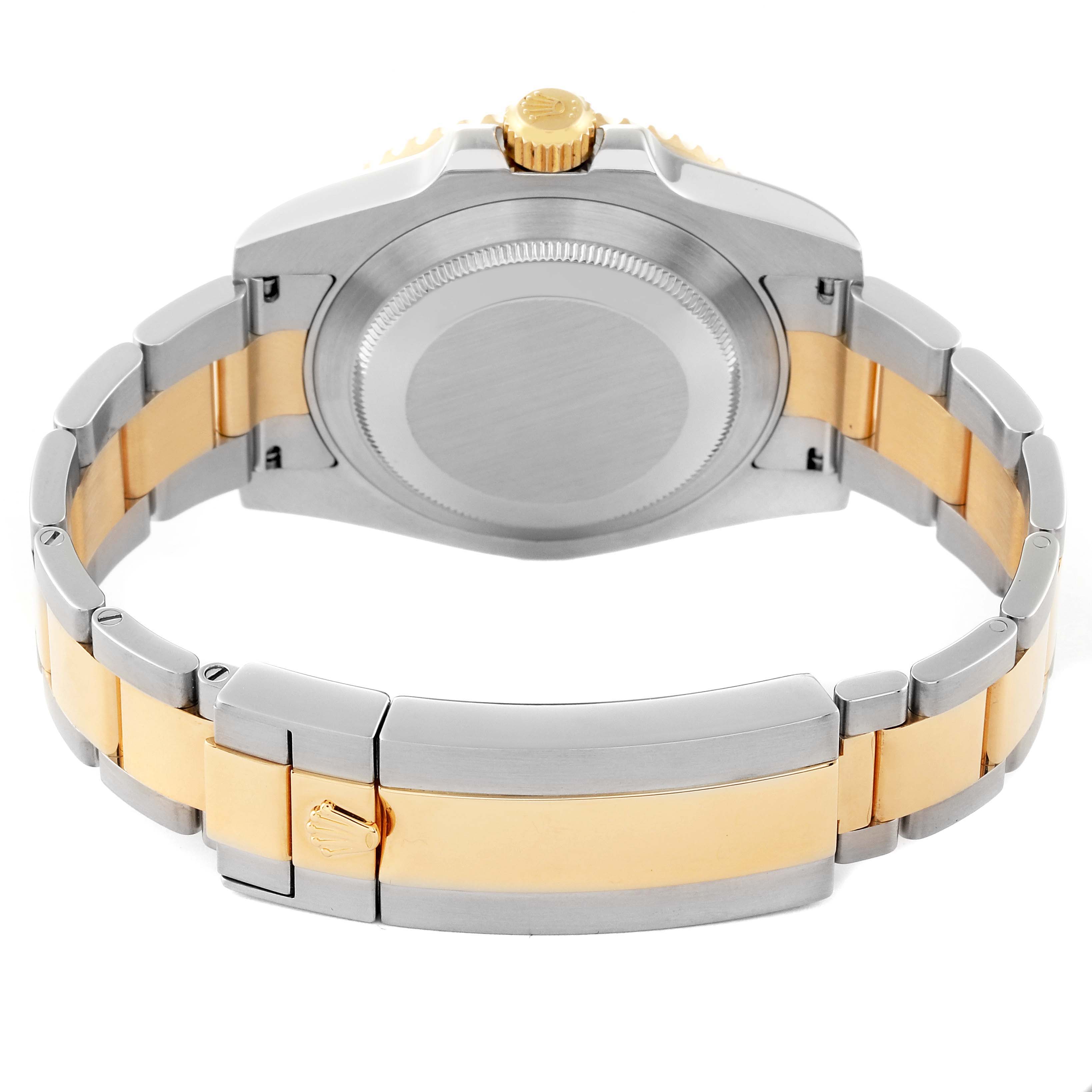 This image shows the back view of the Rolex Submariner 116613 Men's Steel and Gold (two tone) Blue Dial 116613 Men's Steel and Gold (two tone) Blue Dial watch, highlighting the case back, crown, and two-tone bracelet.