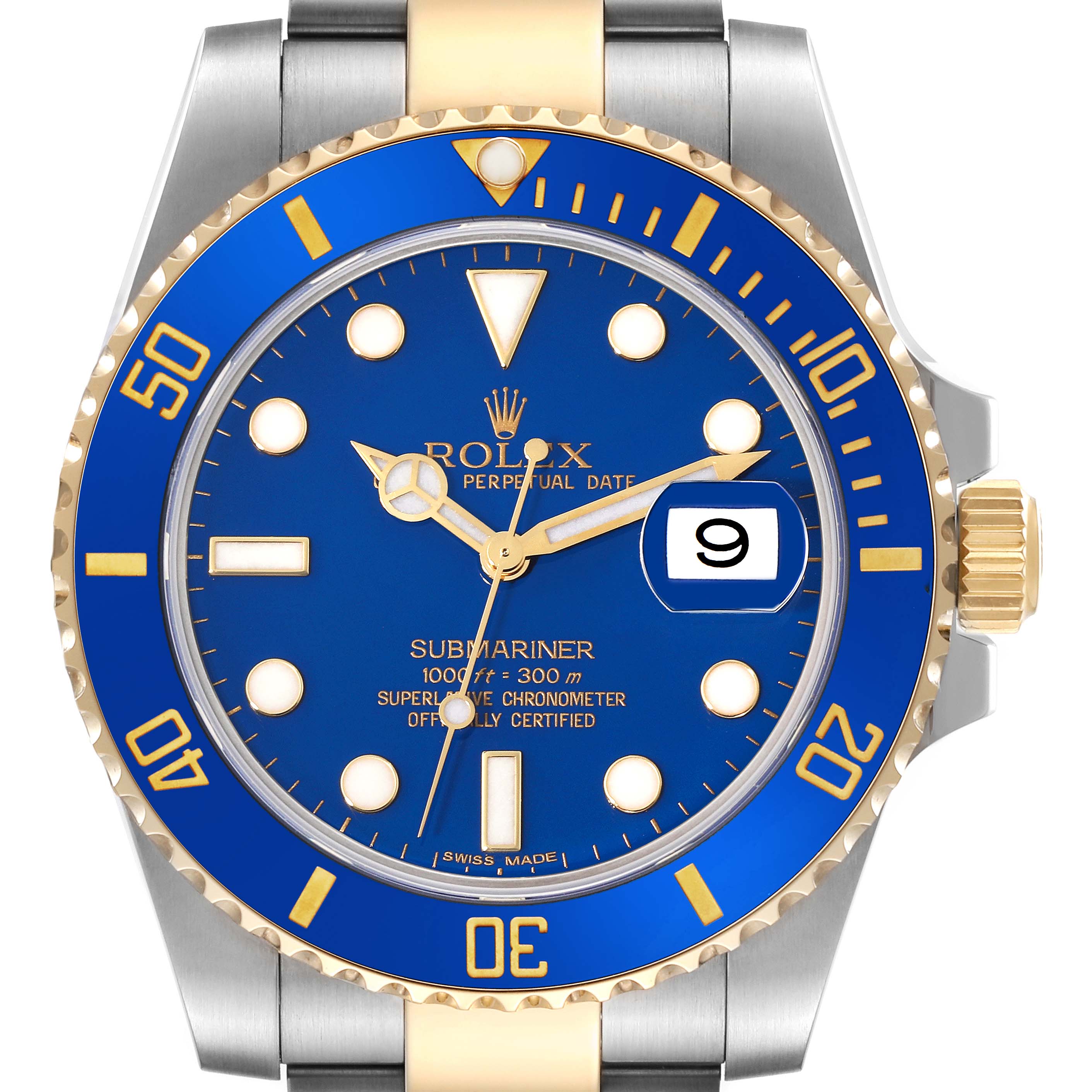 This image shows a frontal view of a Rolex Submariner 116613 Men's Steel and Gold (two tone) Blue Dial 116613 Men's Steel and Gold (two tone) Blue Dial watch, highlighting its blue dial, gold bezel, and date display.