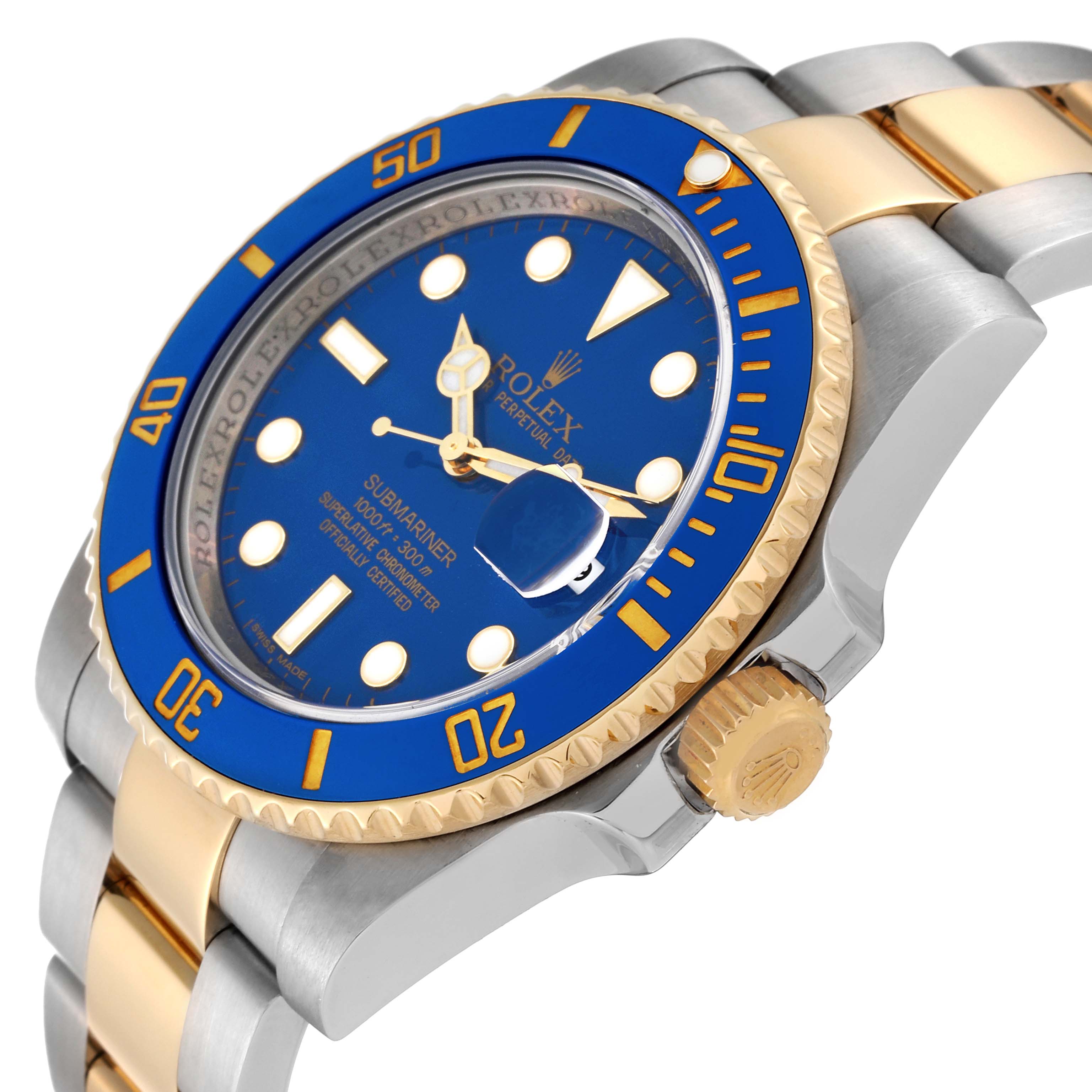 This image shows a Rolex Submariner 116613 Men's Steel and Gold (two tone) Blue Dial 116613 Men's Steel and Gold (two tone) Blue Dial watch angled to display its blue dial, bezel, crown, and two-tone bracelet.
