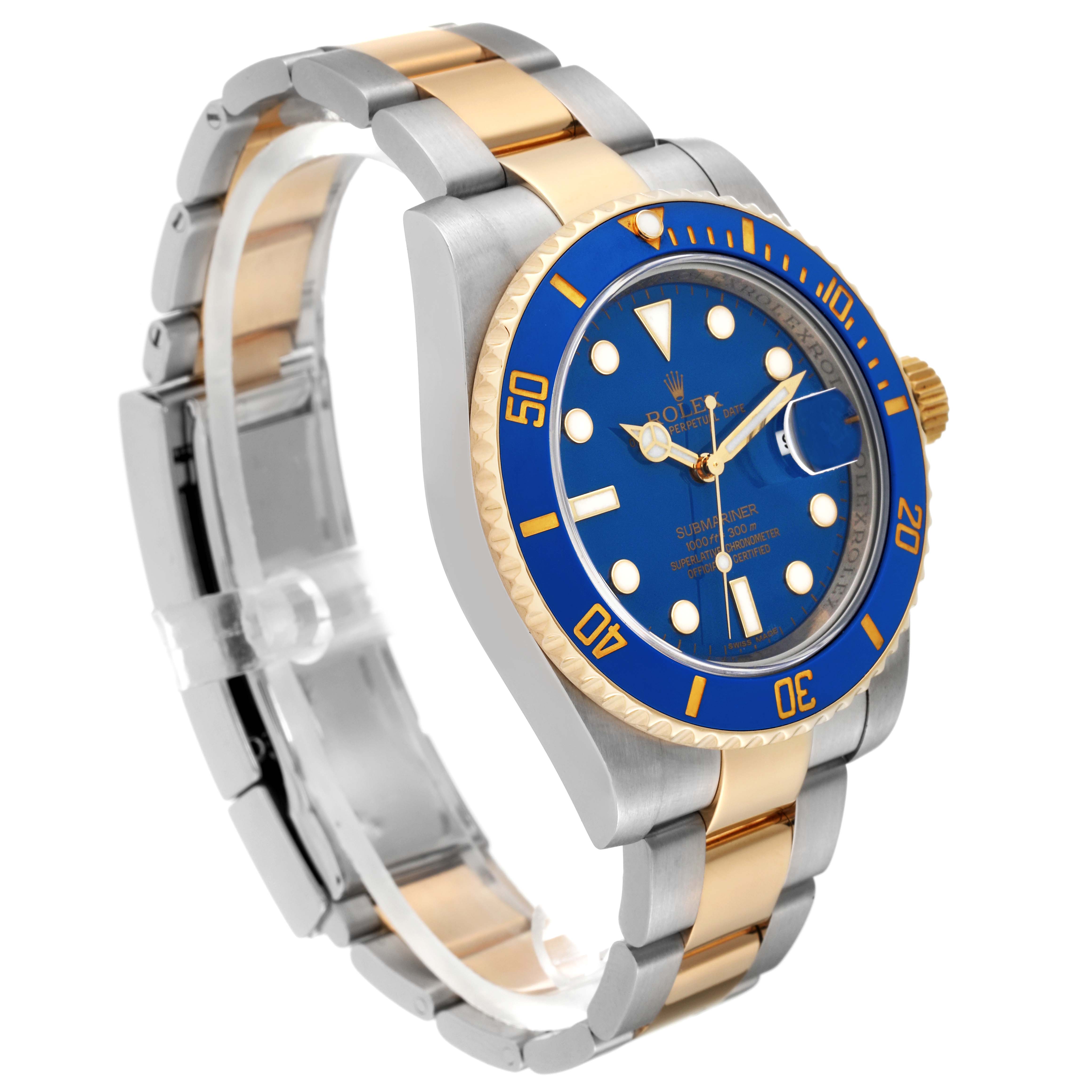 This image shows a Rolex Submariner 116613 Men's Steel and Gold (two tone) Blue Dial 116613 Men's Steel and Gold (two tone) Blue Dial watch angled to display the face, bezel, and two-tone bracelet.