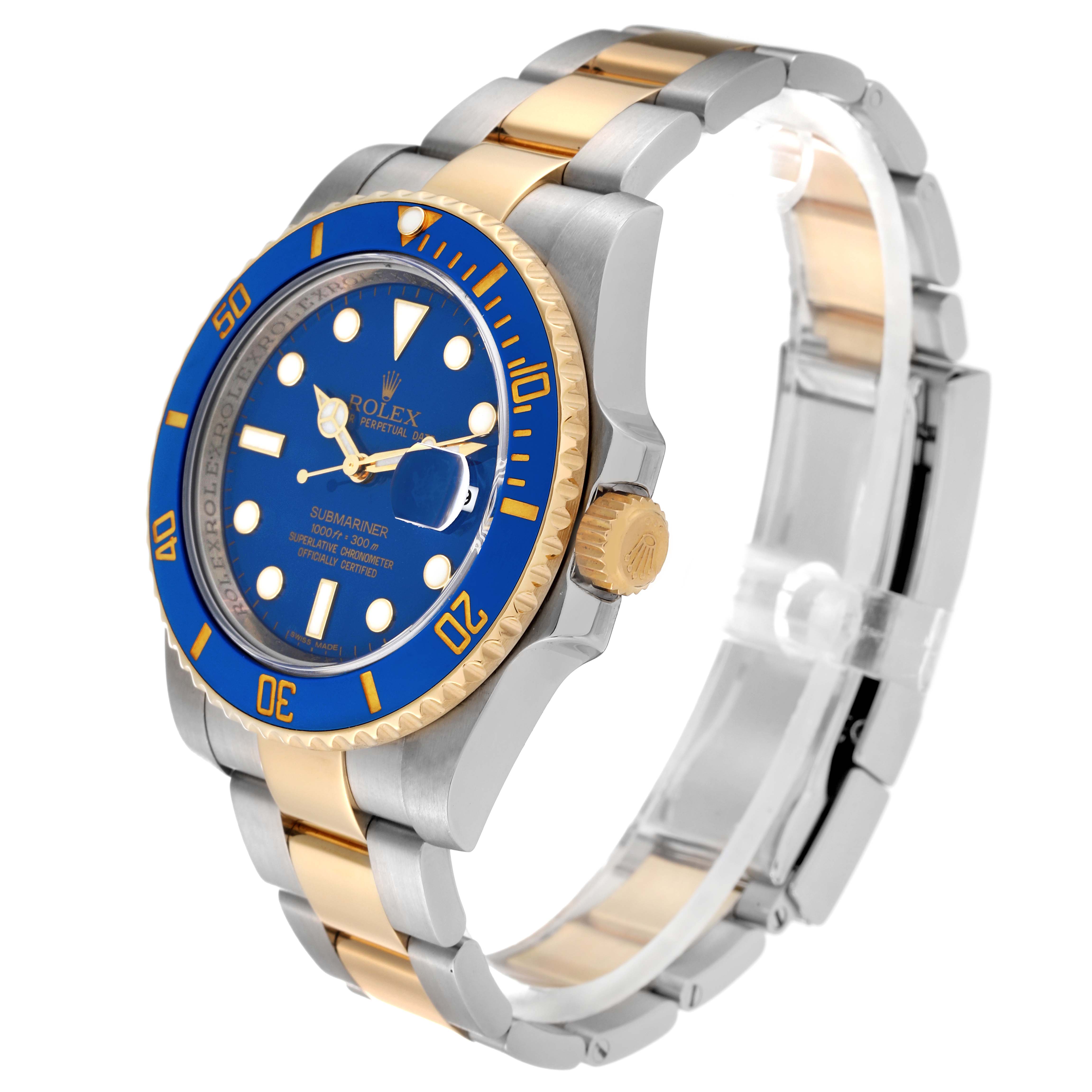 This image shows a side angle of the Rolex Submariner 116613 Men's Steel and Gold (two tone) Blue Dial 116613 Men's Steel and Gold (two tone) Blue Dial, highlighting its two-tone bracelet, blue dial, gold bezel, and crown.