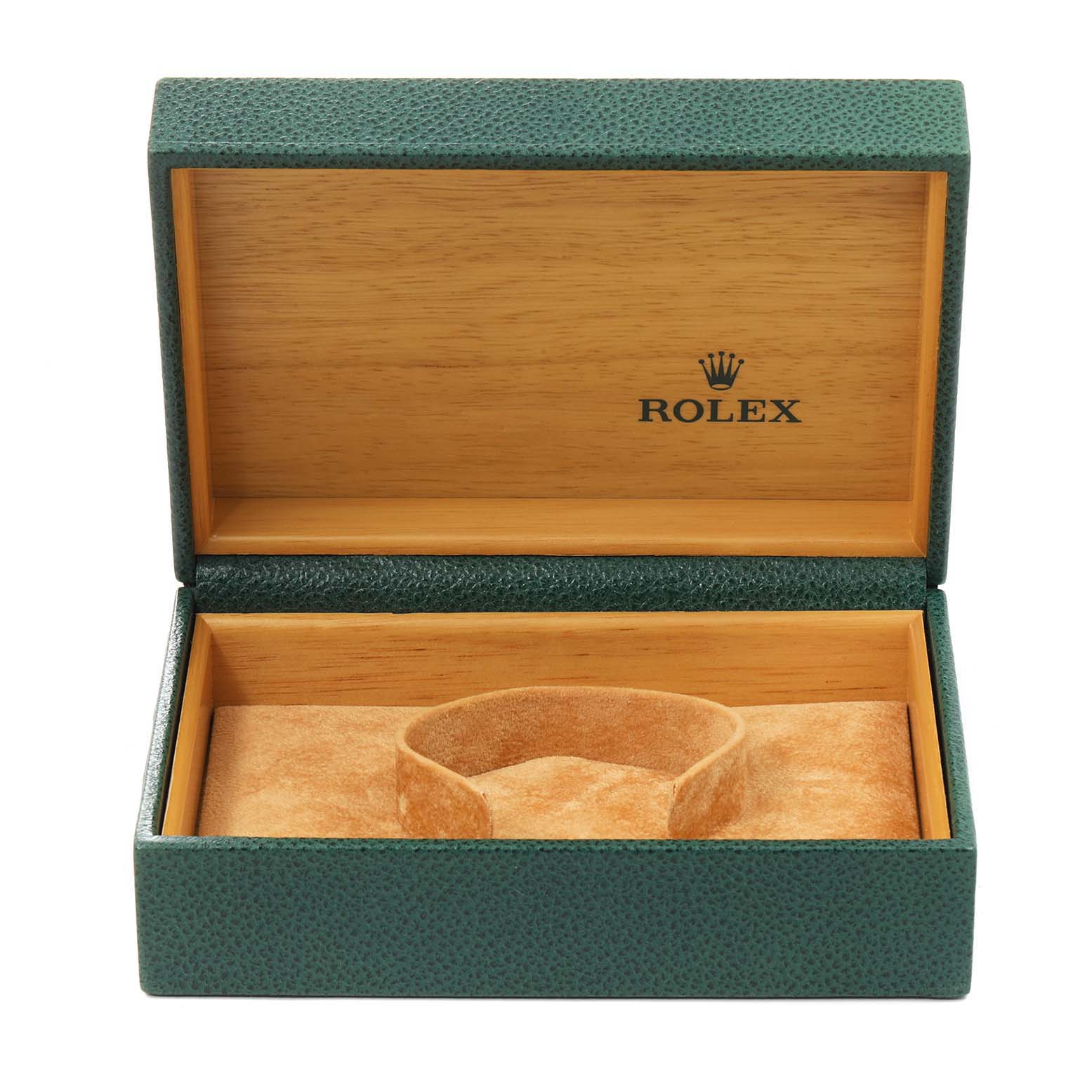 The image shows an open green and tan display box for a Rolex Turn-o-Graph 16264 Men
s Stainless Steel Silver Dial 16264 Men
s Stainless Steel Silver Dial watch, without the watch inside.