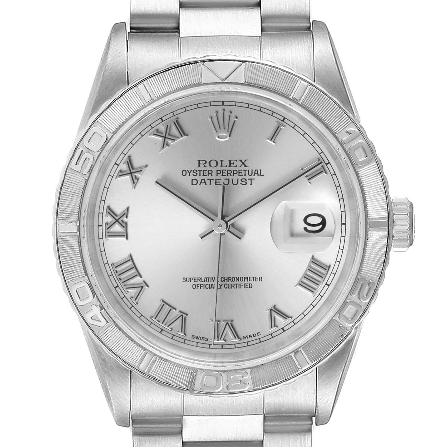 This image shows a front view of the Rolex Turn-o-Graph 16264 Men
s Stainless Steel Silver Dial 16264 Men
s Stainless Steel Silver Dial watch, highlighting its face, markers, hands, and bezel.