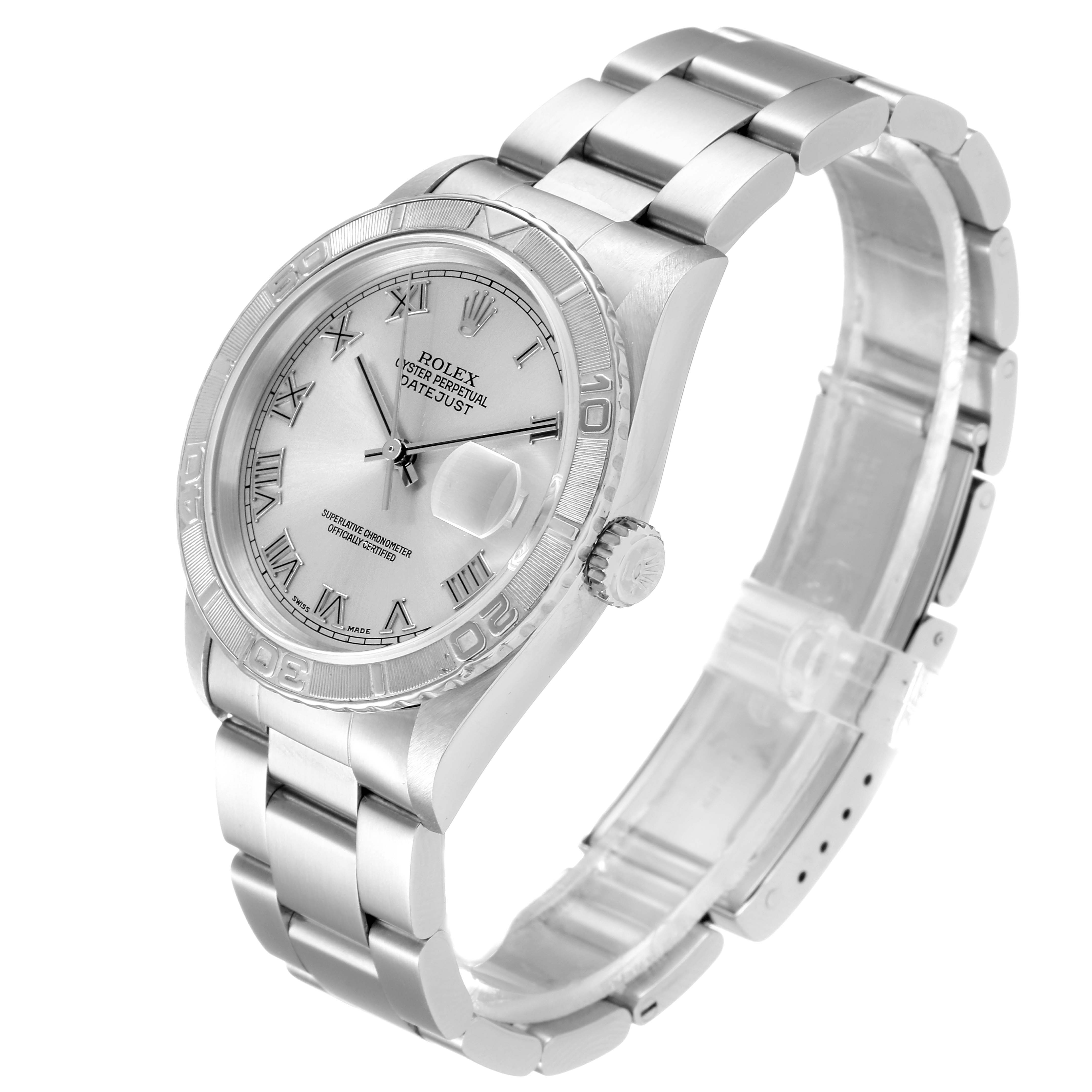 The image showcases a Rolex Turn-o-Graph 16264 Men
s Stainless Steel Silver Dial 16264 Men
s Stainless Steel Silver Dial watch angled from the top and side, displaying the face, bezel, and bracelet.