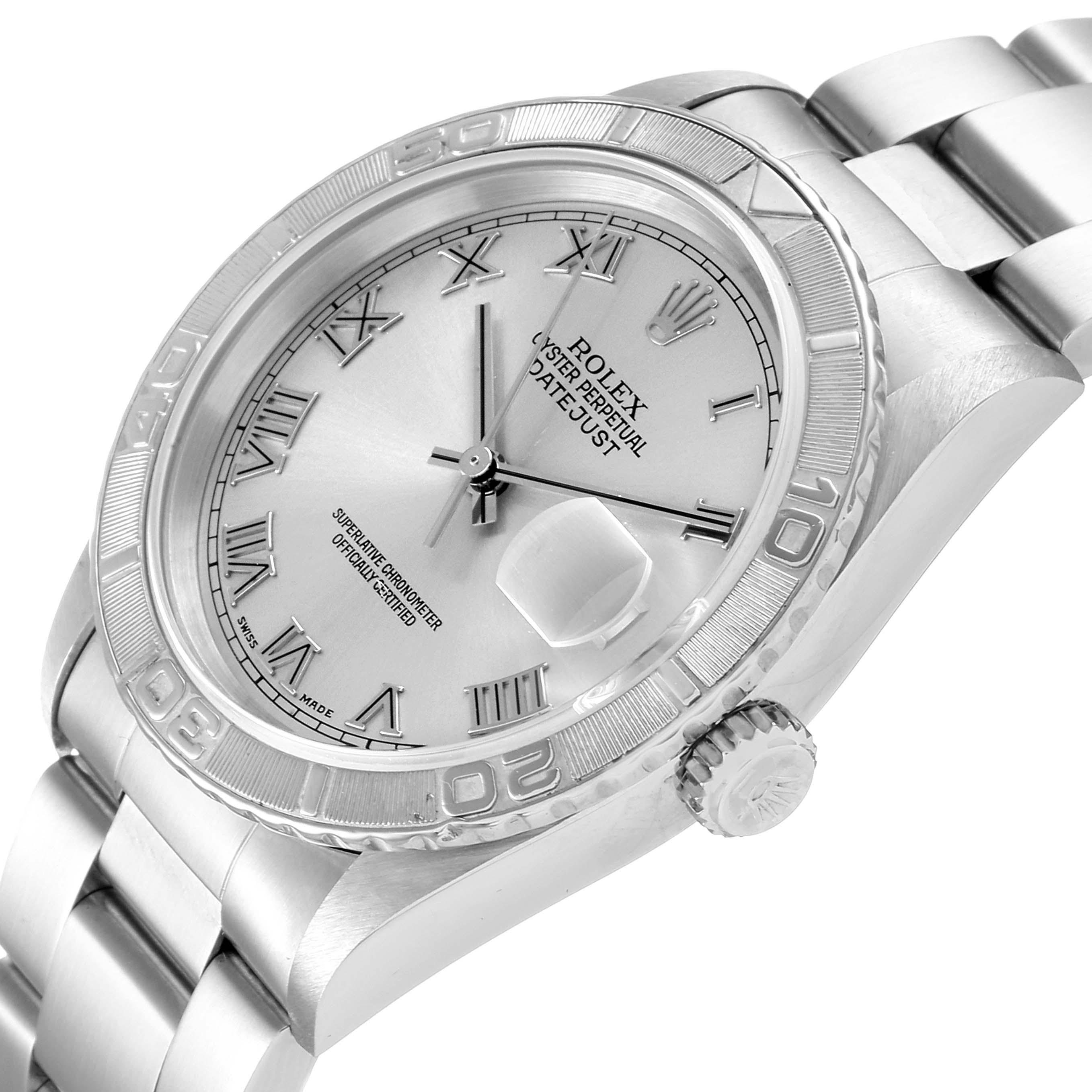 This image shows a close-up view of the Rolex Turn-o-Graph 16264 Men
s Stainless Steel Silver Dial 16264 Men
s Stainless Steel Silver Dial watch, highlighting the dial, bezel, crown, and bracelet.