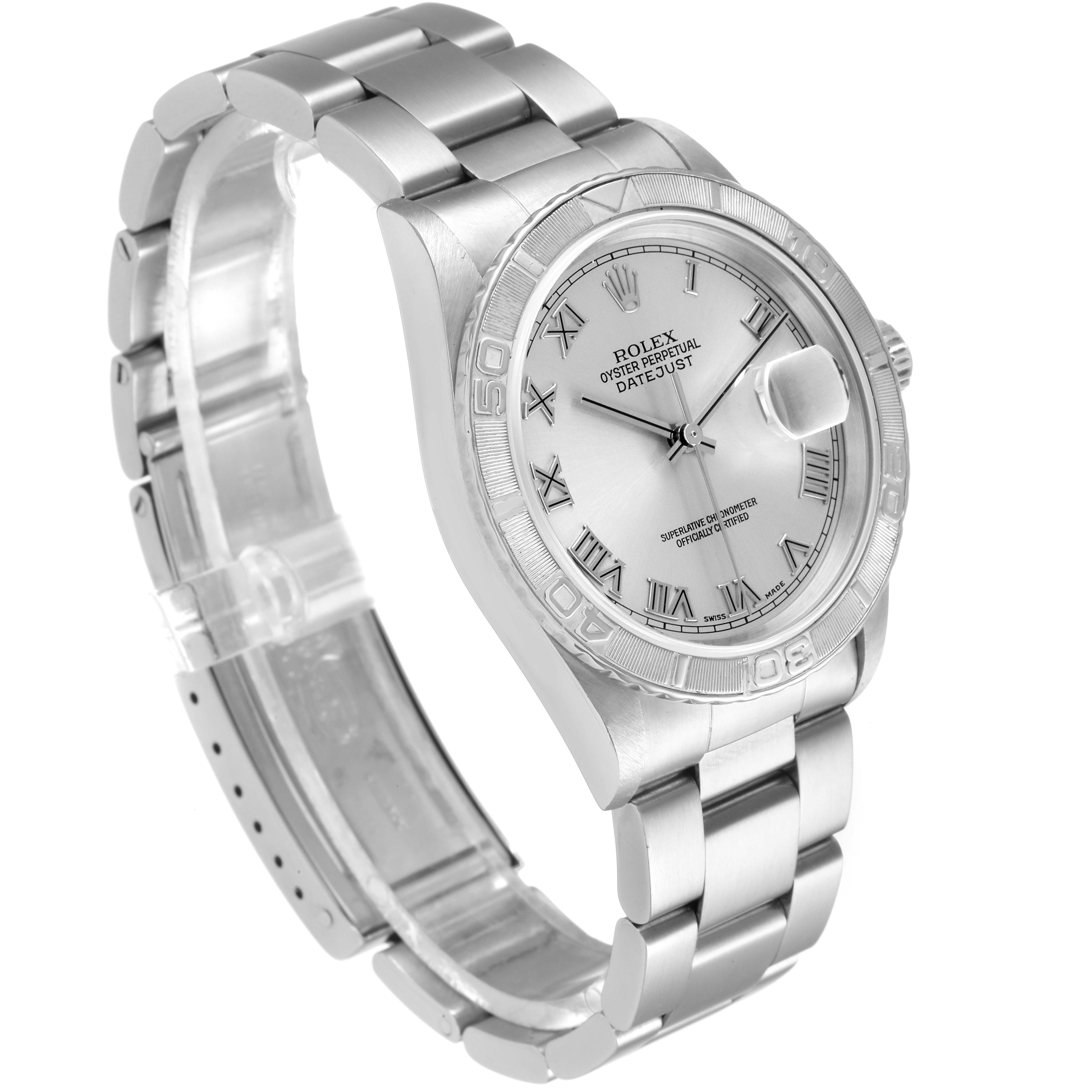 The Rolex Turn-o-Graph 16264 Men
s Stainless Steel Silver Dial 16264 Men
s Stainless Steel Silver Dial watch is shown at a slight angle, displaying its face, bezel, and bracelet.