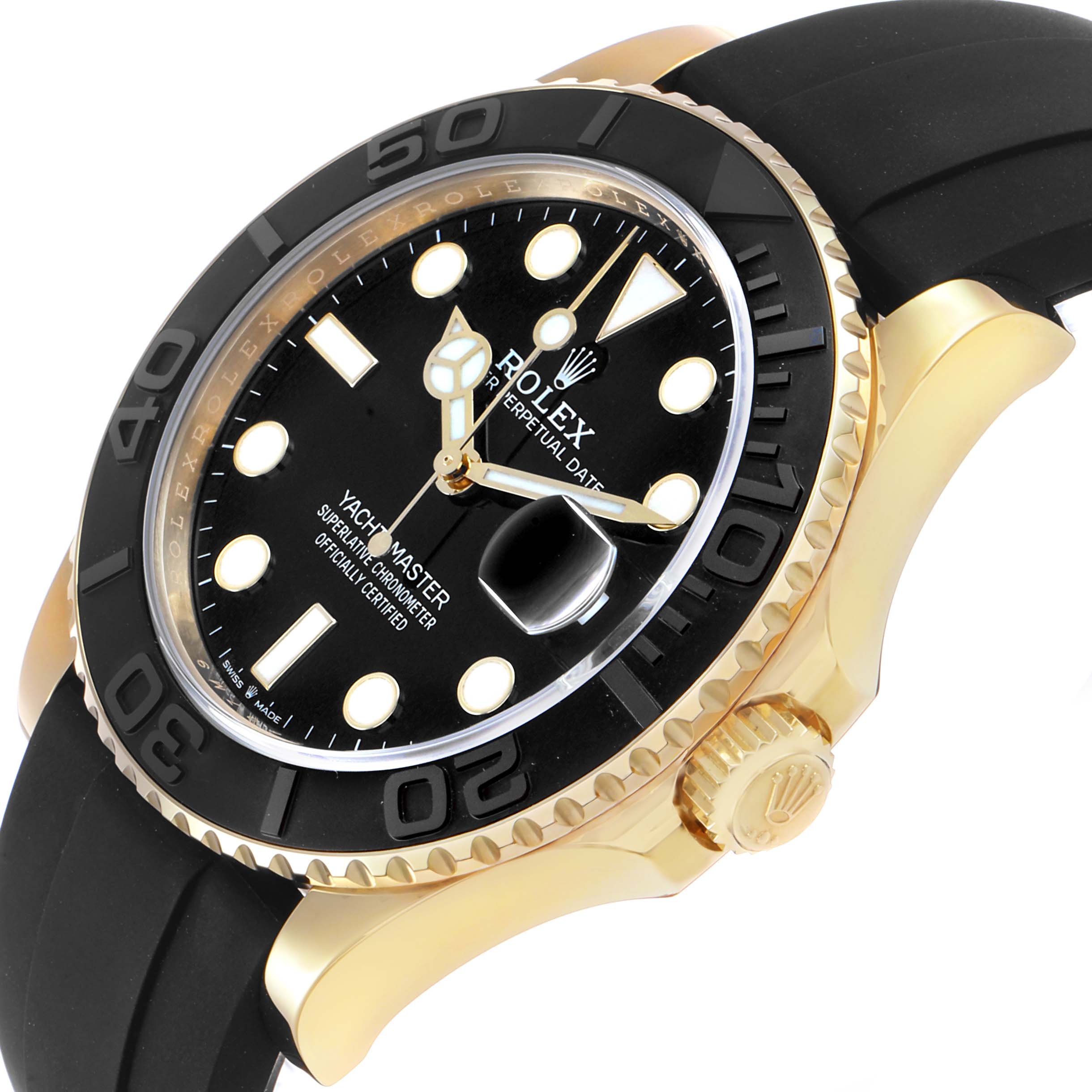 The Rolex Yacht-Master 226658 Men's Yellow Gold Black Dial watch is shown at an oblique angle, highlighting its black dial, bezel, and gold accents.
