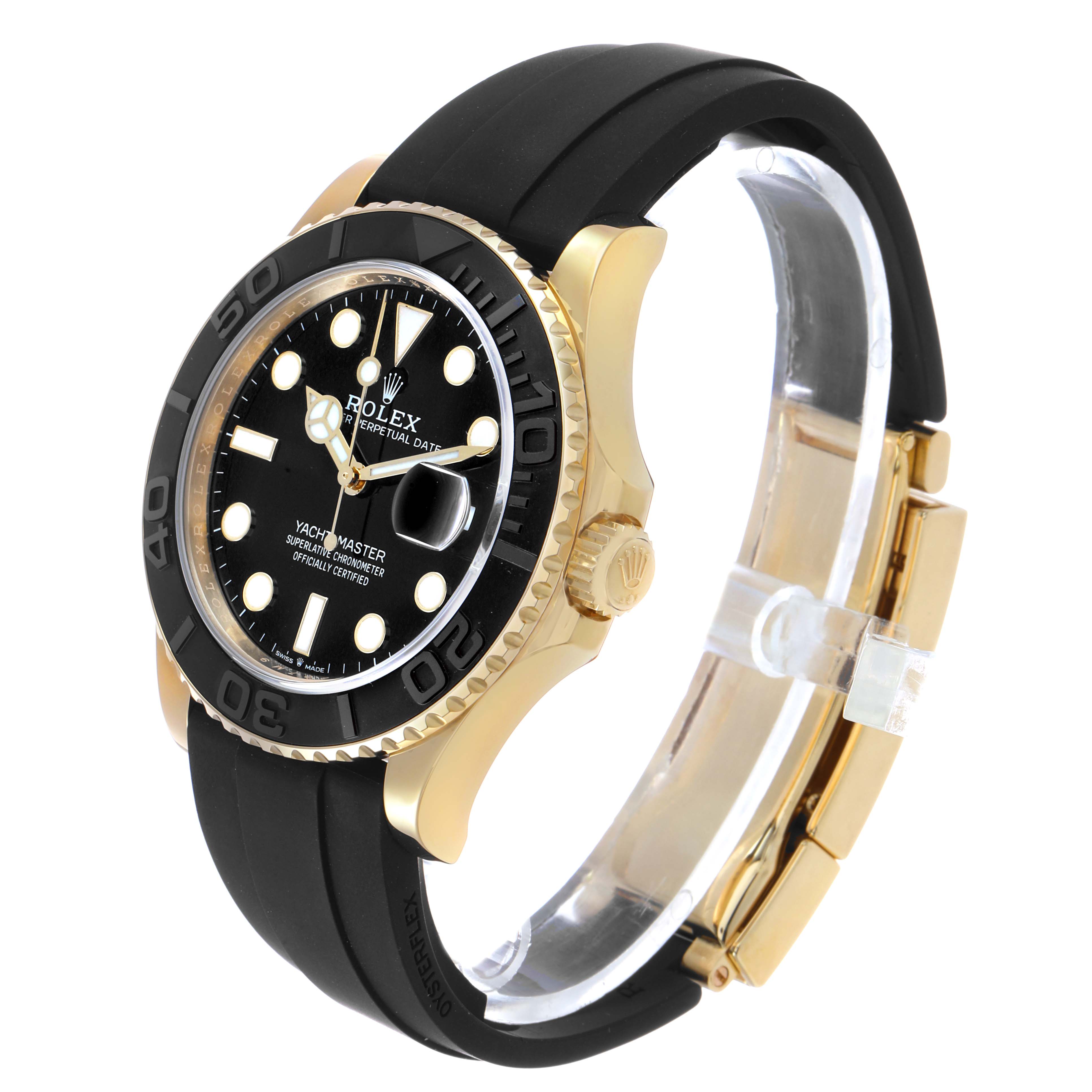 The image shows a side view of the Rolex Yacht-Master 226658 Men's Yellow Gold Black Dial, highlighting the black dial, bezel, gold case, and rubber strap.