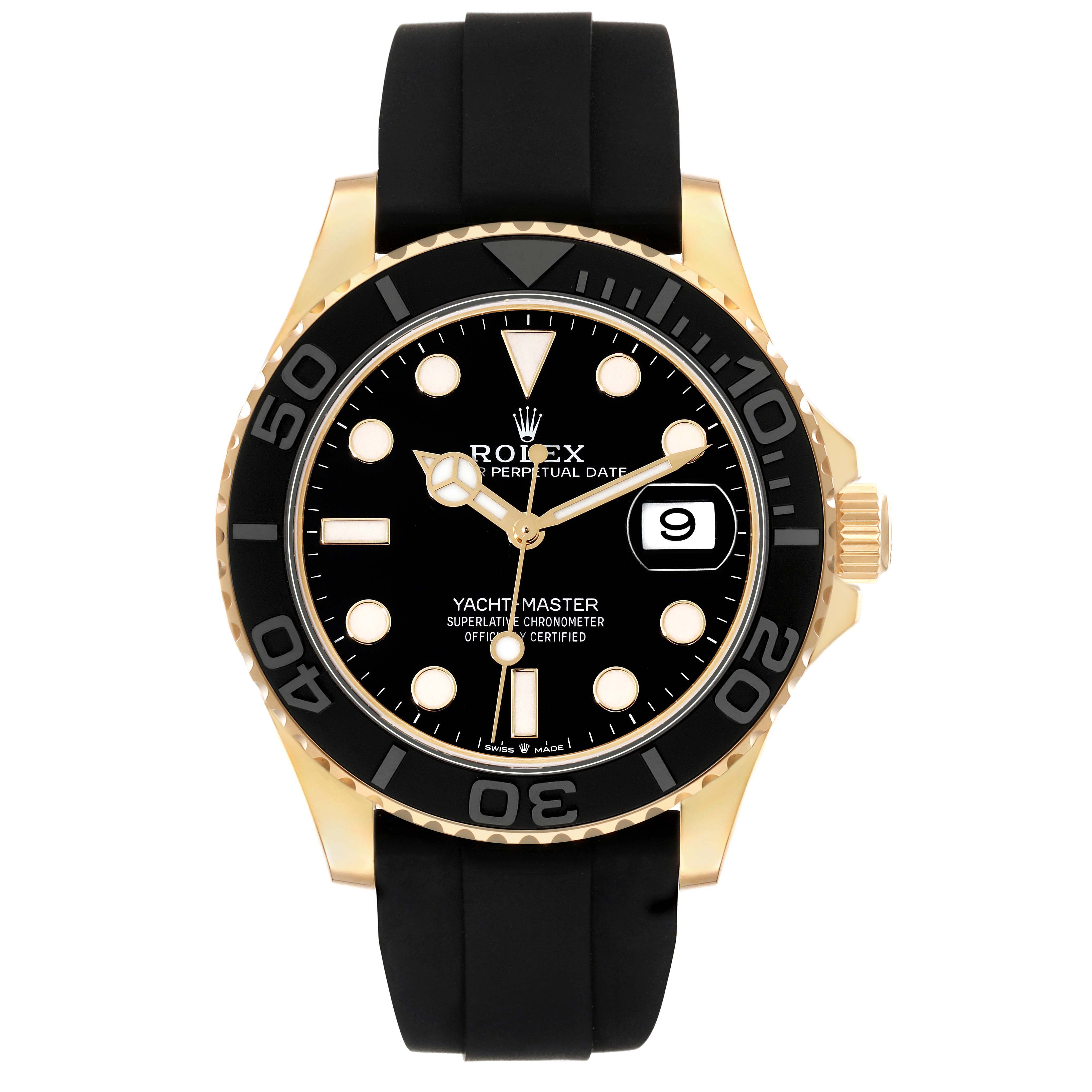 The Rolex Yacht-Master 226658 Men's Yellow Gold Black Dial watch is shown from a front angle, displaying its black dial, date window, bezel, and rubber strap.