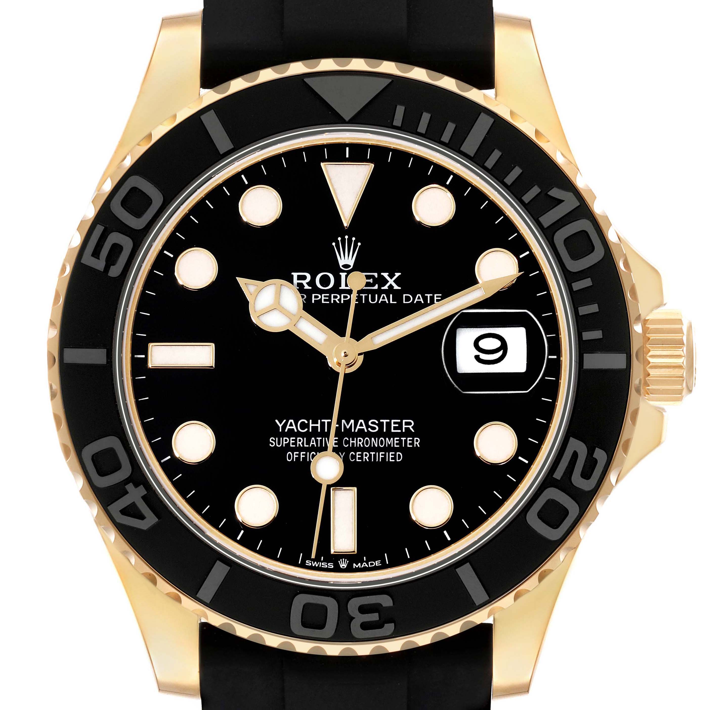 The Rolex Yacht-Master 226658 Men's Yellow Gold Black Dial watch is shown from the front, highlighting the bezel, dial, markers, hands, and date window.