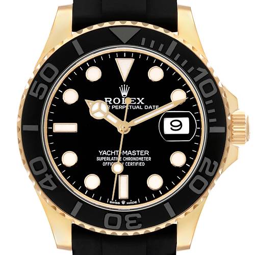 The Rolex Yacht-Master 226658 Men's Yellow Gold Black Dial watch is shown from a front angle, highlighting the dial, bezel, hands, and crown.