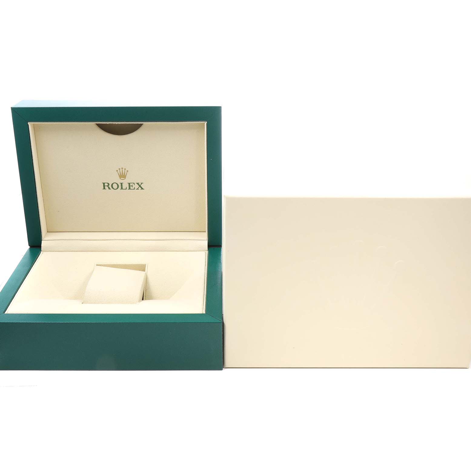 The image shows a Rolex Yacht-Master 226658 Men's Yellow Gold Black Dial watch box open, revealing its interior, alongside its outer packaging.