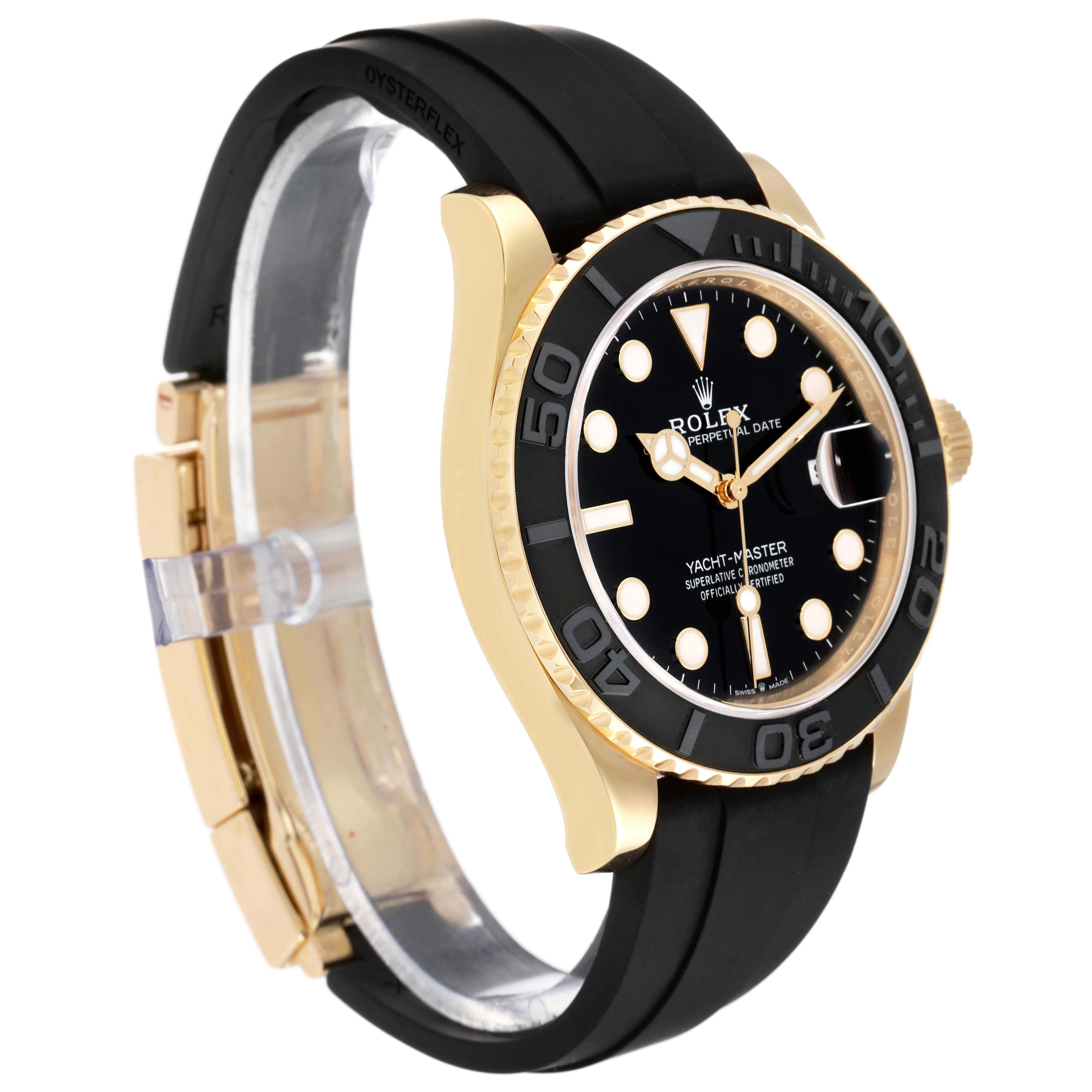 The Rolex Yacht-Master 226658 Men's Yellow Gold Black Dial watch is shown at a three-quarter angle, highlighting the face, bezel, and strap.