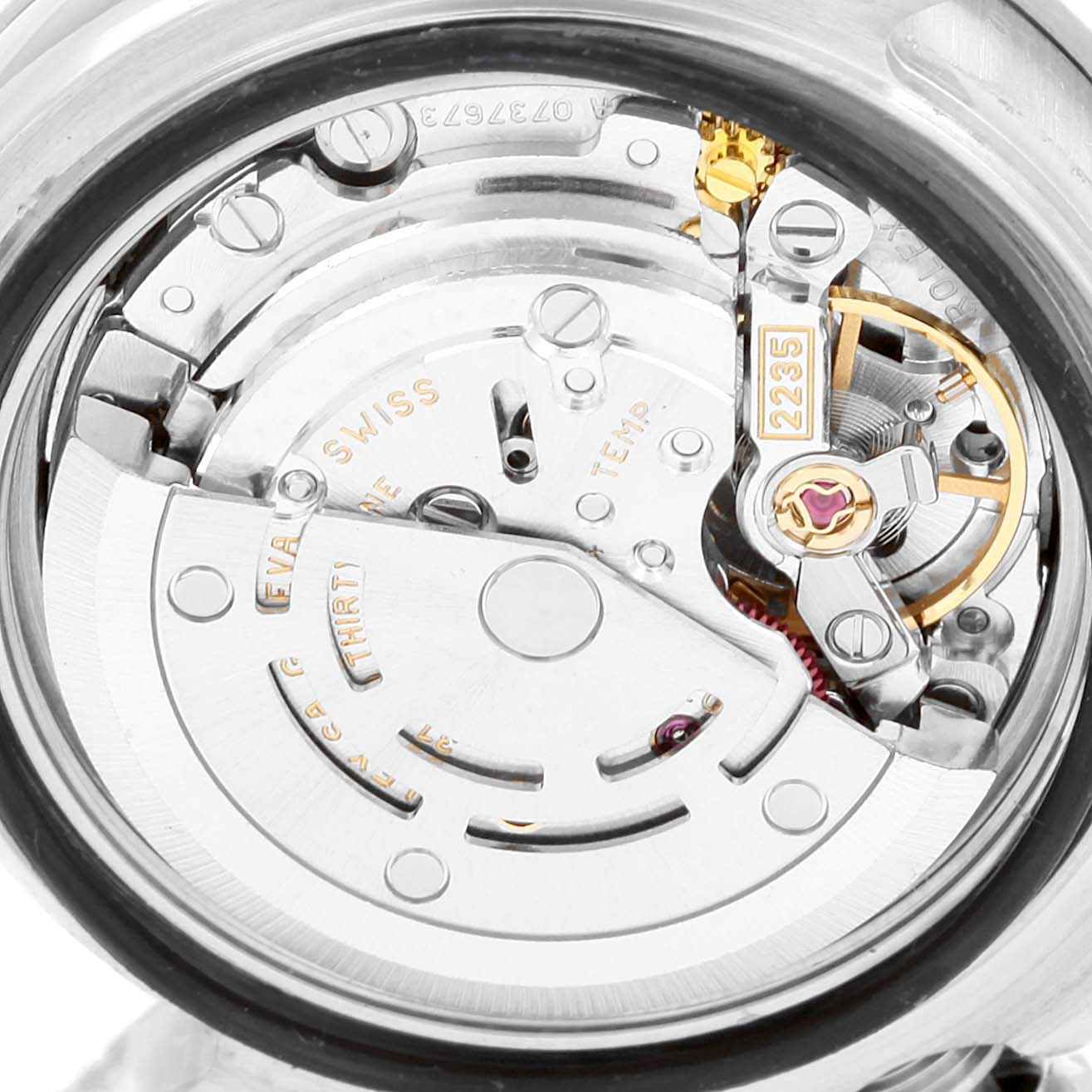 The image shows a close-up view of the Rolex Yacht-Master 169622 Women's Stainless Steel Silver Dial 169622 Women's Stainless Steel Silver Dial's internal movement mechanism from the back.