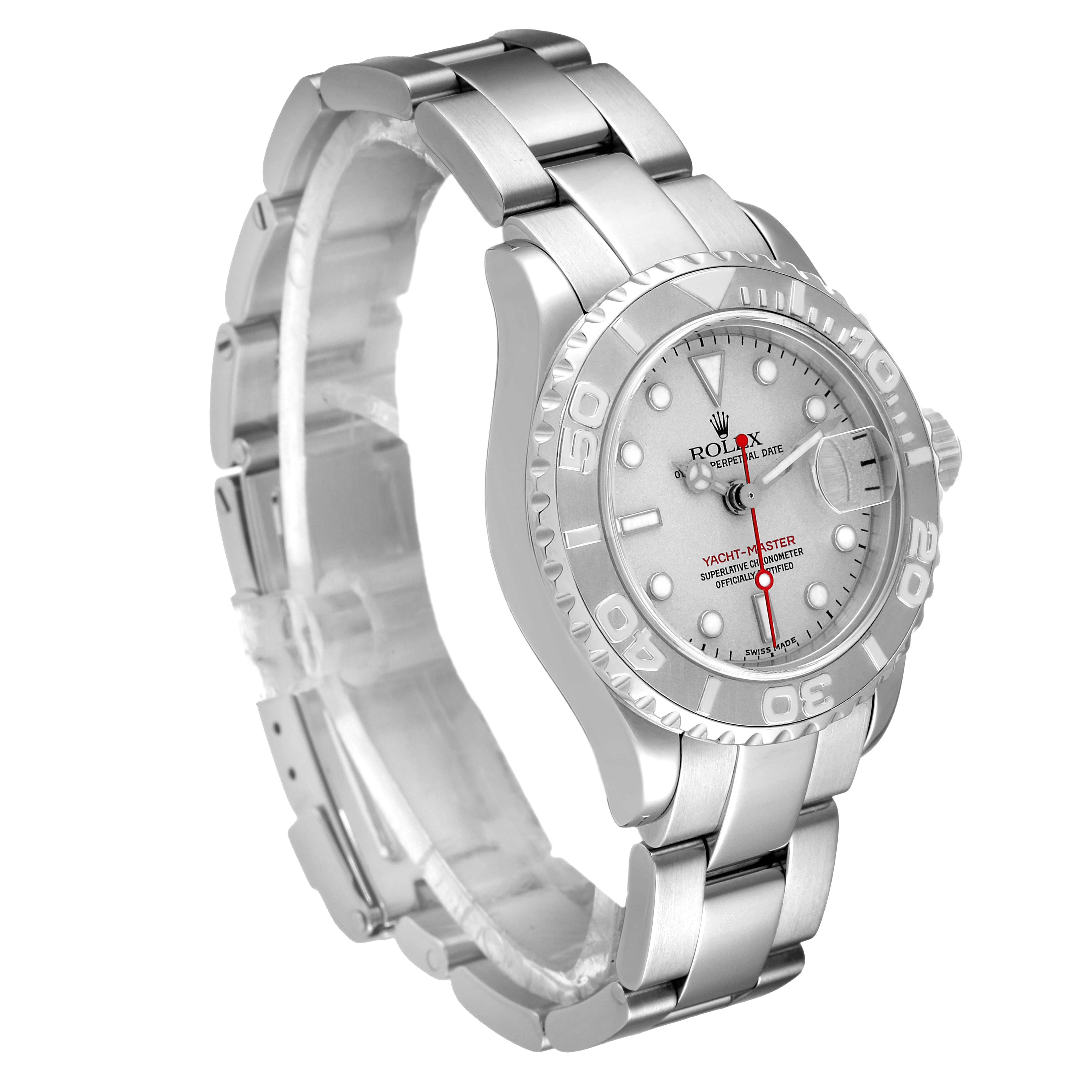 The image shows a Rolex Yacht-Master 169622 Women's Stainless Steel Silver Dial 169622 Women's Stainless Steel Silver Dial watch from a three-quarter front angle, displaying the strap, dial, and bezel.