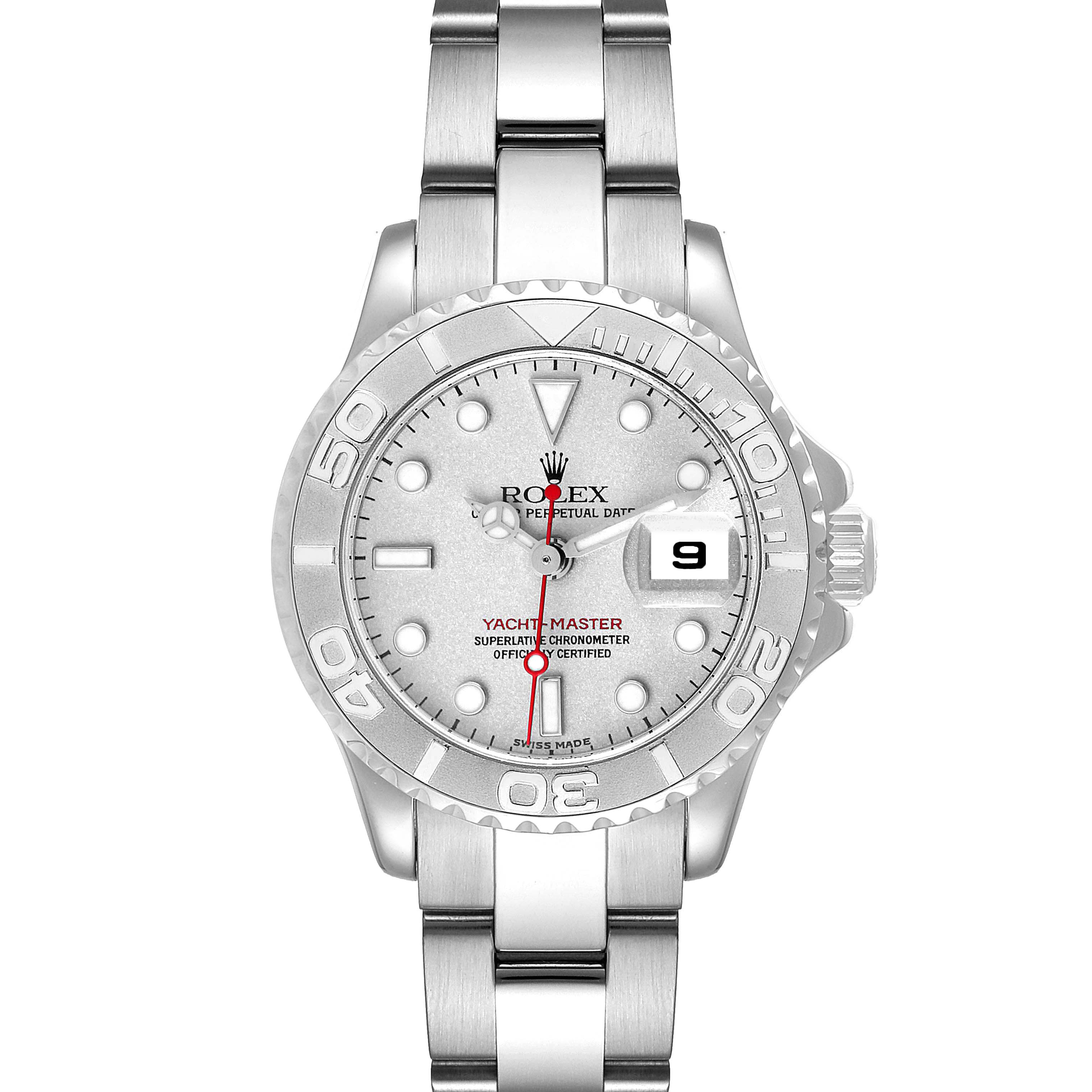 The image shows a front view of a Rolex Yacht-Master 169622 Women's Stainless Steel Silver Dial 169622 Women's Stainless Steel Silver Dial watch, featuring its dial, bezel, and bracelet.