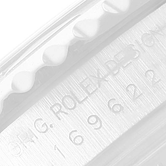 The image shows a close-up of the side engraving on a Rolex Yacht-Master 169622 Women's Stainless Steel Silver Dial 169622 Women's Stainless Steel Silver Dial watch, highlighting "ORIG. ROLEX DESIGN" and a series of numbers.