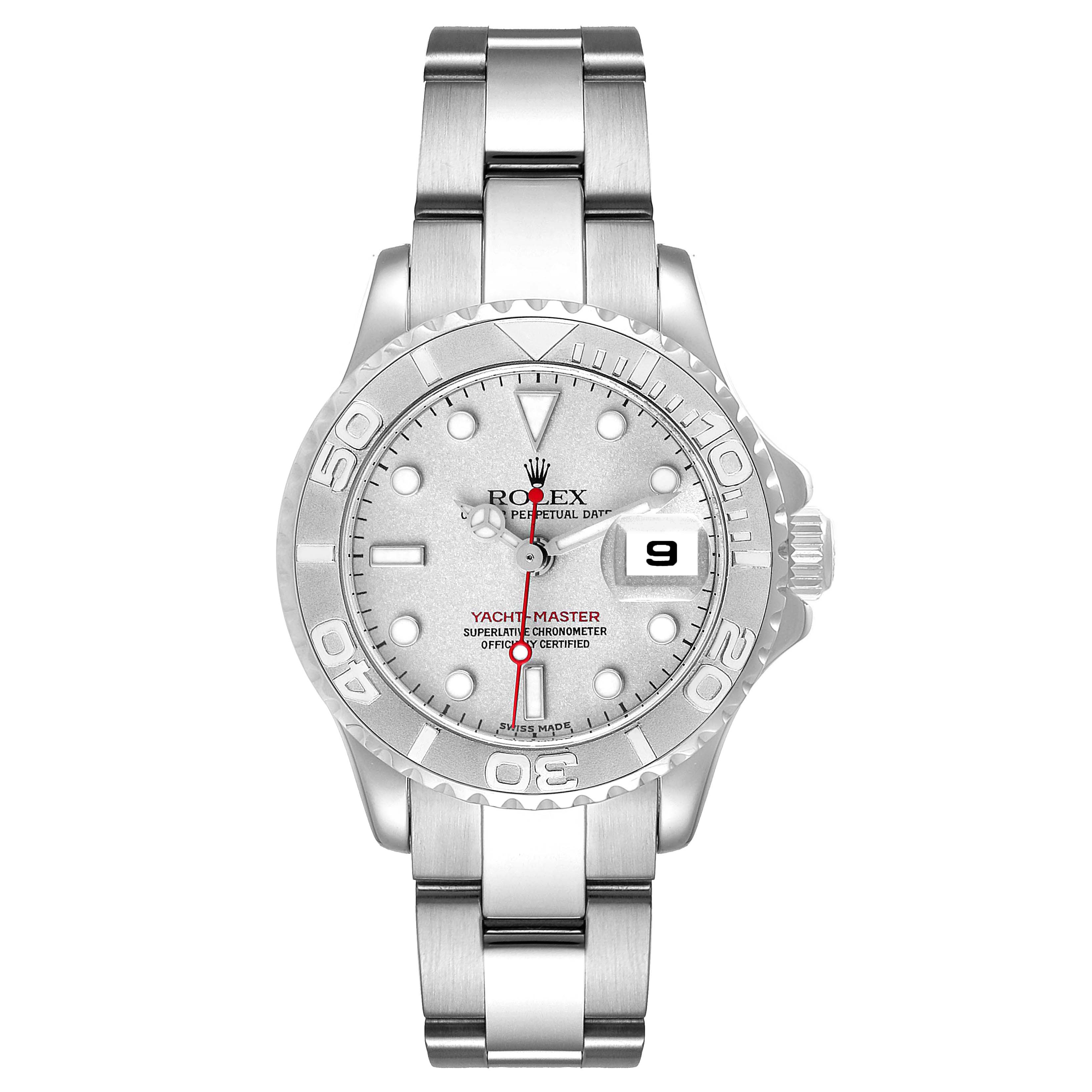 This image shows a Rolex Yacht-Master 169622 Women's Stainless Steel Silver Dial 169622 Women's Stainless Steel Silver Dial watch from a front angle, featuring the dial, bezel, case, and bracelet.