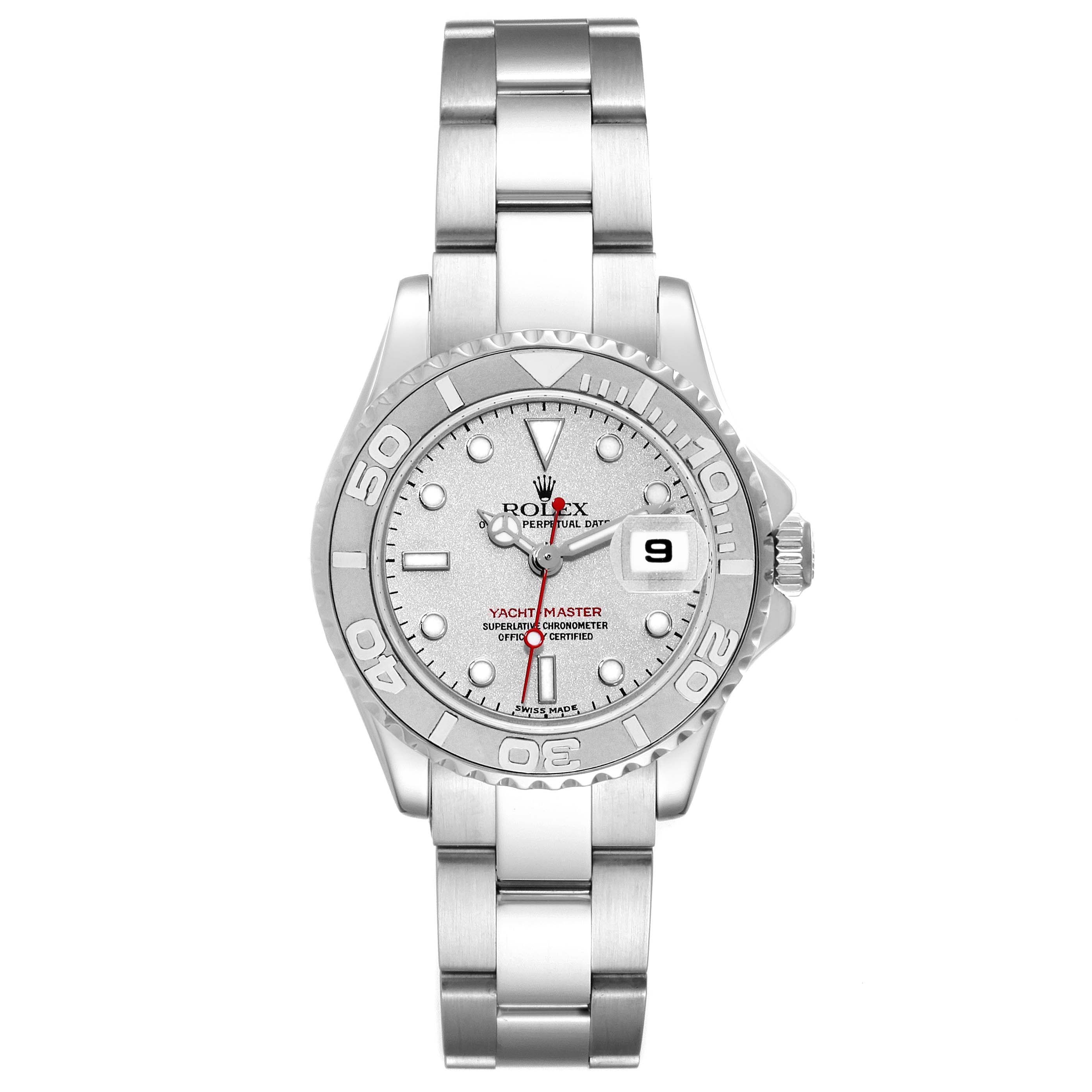 The image shows a full frontal view of a Rolex Yacht-Master 169622 Women
s Stainless Steel Silver Dial 169622 Women
s Stainless Steel Silver Dial watch with its dial, bezel, and bracelet visible.