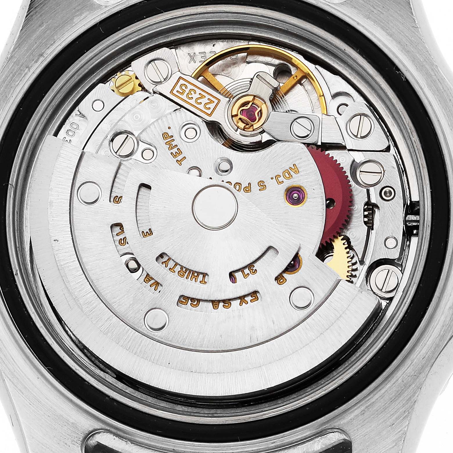The image shows the internal movement and mechanisms of a Rolex Yacht-Master 169622 Women
s Stainless Steel Silver Dial 169622 Women
s Stainless Steel Silver Dial watch, viewed from the back.