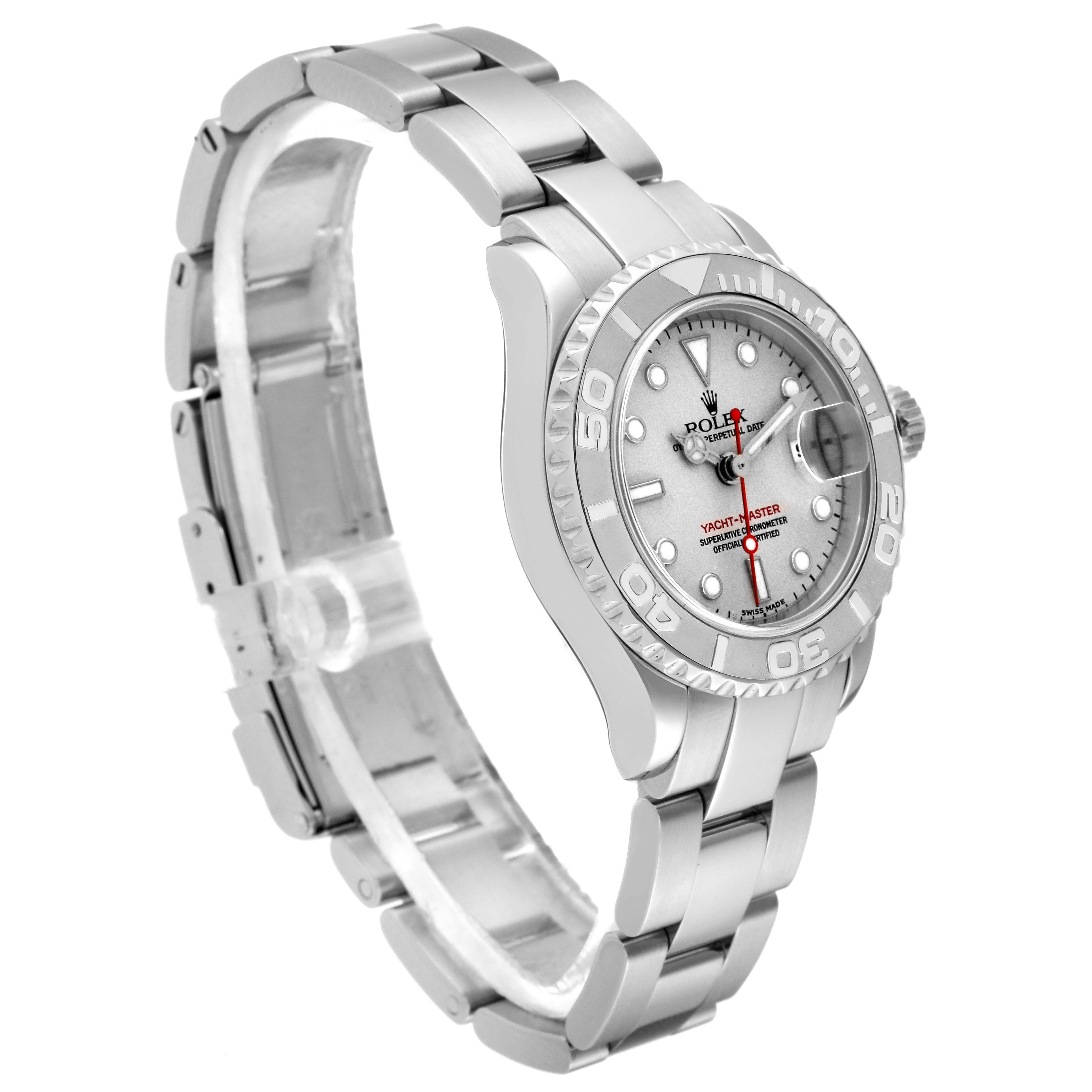The image shows a Rolex Yacht-Master 169622 Women
s Stainless Steel Silver Dial 169622 Women
s Stainless Steel Silver Dial watch at a left three-quarter angle, displaying the face, bezel, and bracelet.