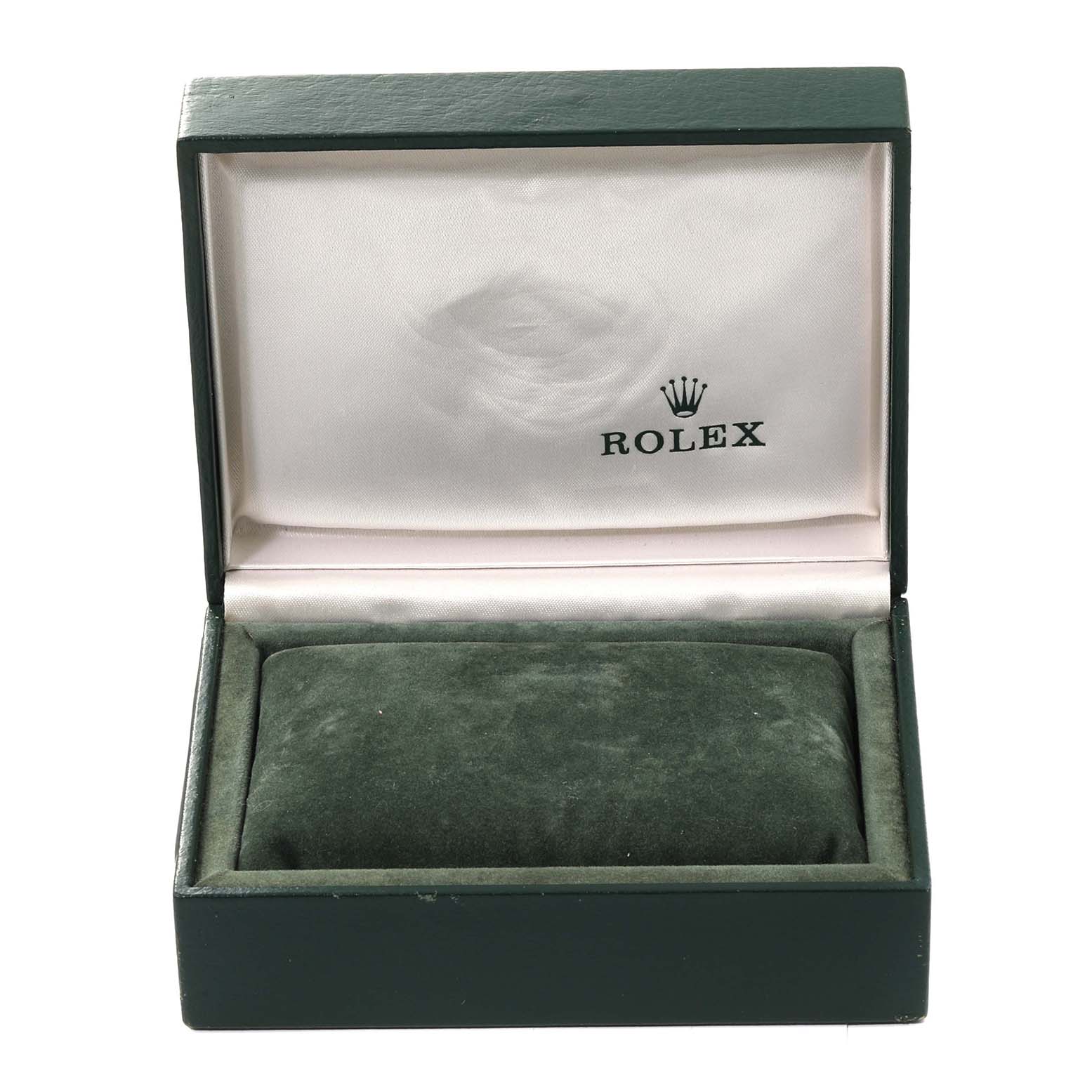 An open Rolex Yacht-Master 169622 Women
s Stainless Steel Silver Dial 169622 Women
s Stainless Steel Silver Dial watch box is shown from the top angle, displaying the interior with a cushion.