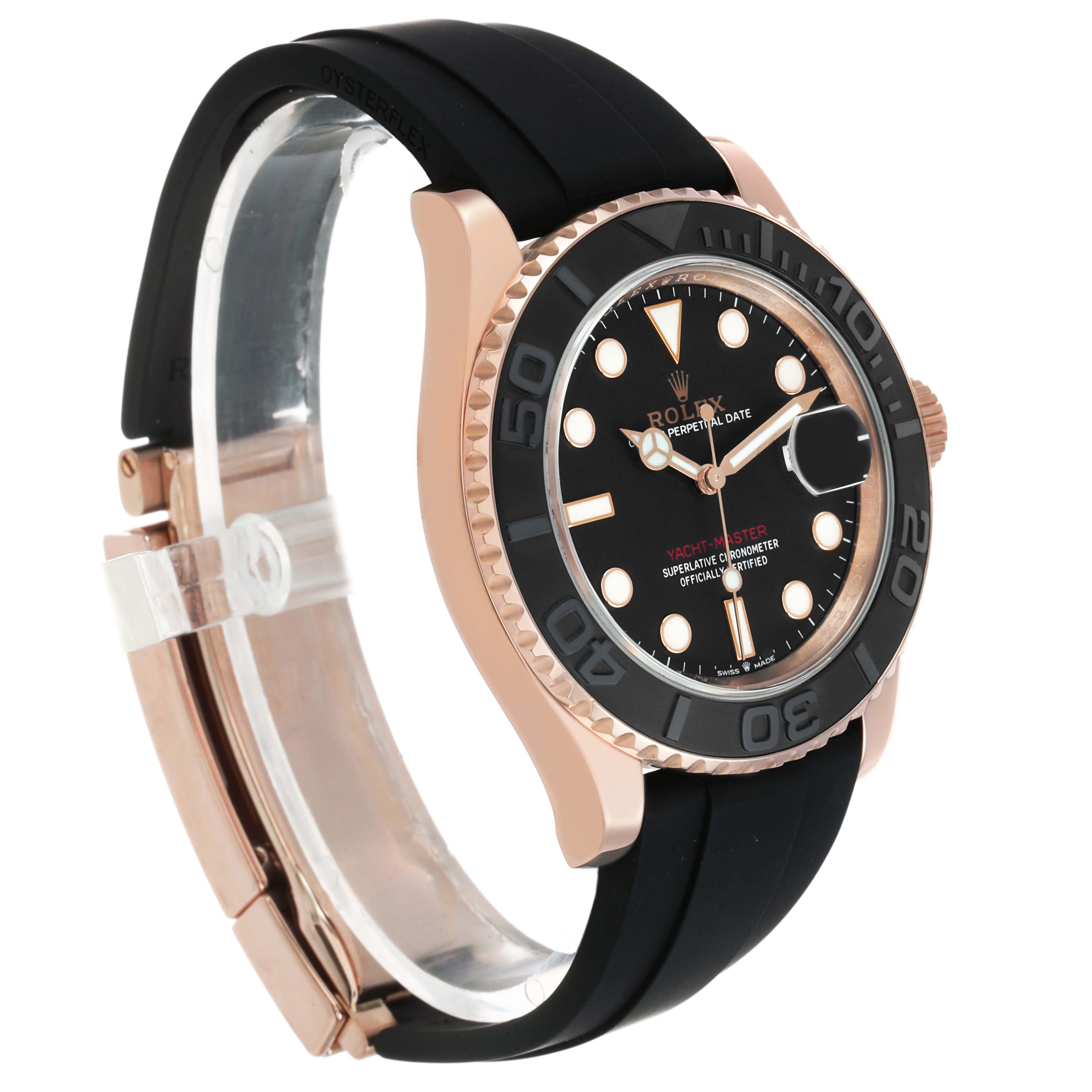 The Rolex Yacht-Master 126655 Men's Rose Gold Black Dial is shown at a three-quarter angle, highlighting the black bezel, dial, and rubber strap.