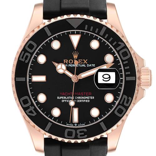The Rolex Yacht-Master 126655 Men's Rose Gold Black Dial watch is shown from a front angle, highlighting the dial, bezel, and date window.