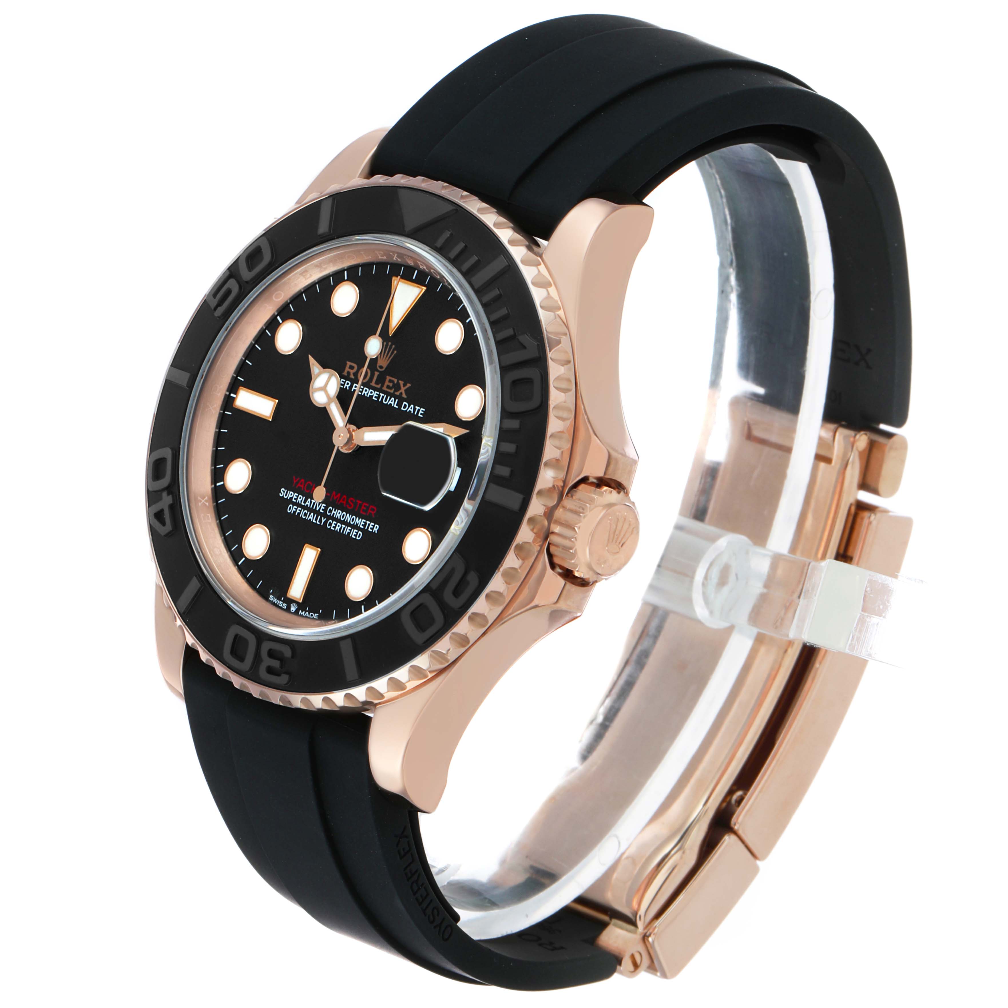 The Rolex Yacht-Master 126655 Men's Rose Gold Black Dial is shown at a slight angle, displaying the face, bezel, and black strap.